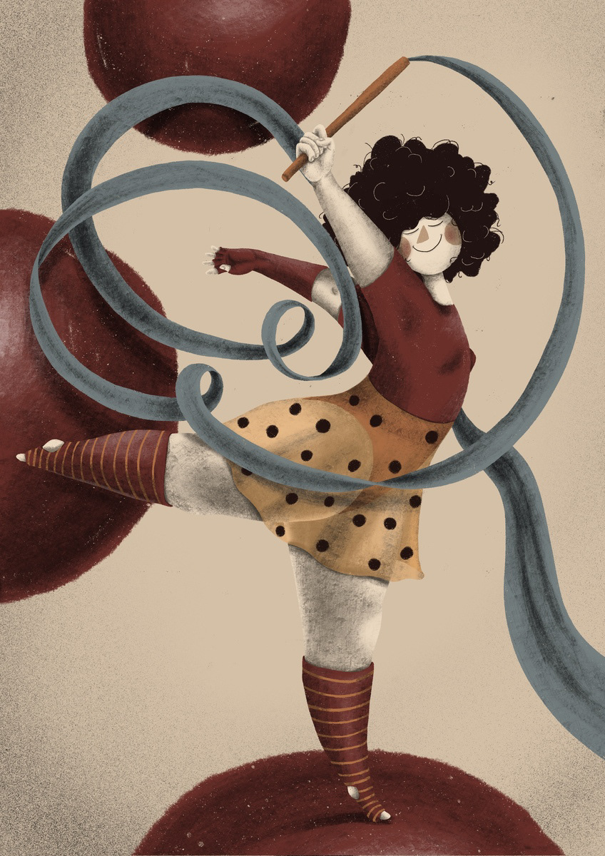 Whimsical digital illustration of a curly-haired dancer joyfully twirling a blue ribbon. The dancer, dressed in a red top, polka-dotted skirt, and striped leggings, balances on large red spheres against a neutral background. The artwork conveys movement and playfulness through the flowing ribbon and dynamic pose. Illustration by Darka Krizman