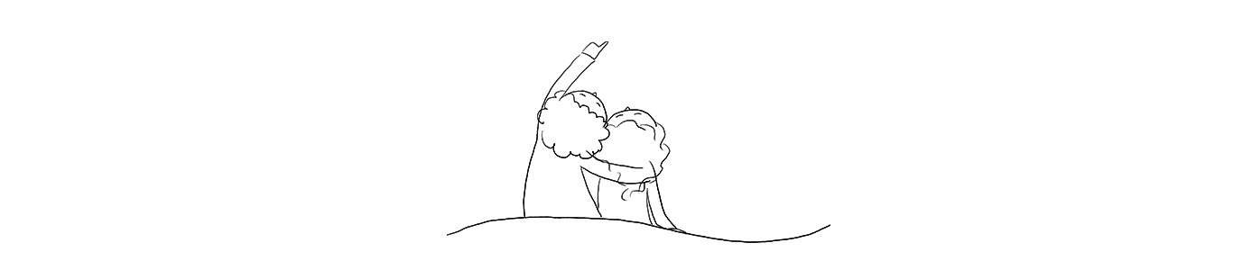a sketch of two people sitting and hugging, one of them is pointing his hand towards the sky_illustration by Darka White