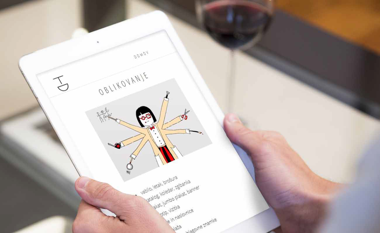 Illustration and website design for TADA by graphic designer Darka White, displayed on a tablet, featuring a humorous character with multiple arms representing diverse design services, showcasing the agency's creative abilities