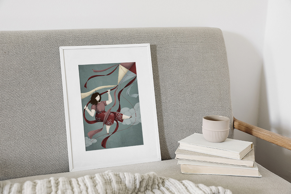 A frames, whimsical illustration of a girl riding a kite through the sky. The background is composed of vibrant, swirling kite stripes, evoking a sense of wonder and fantasy.