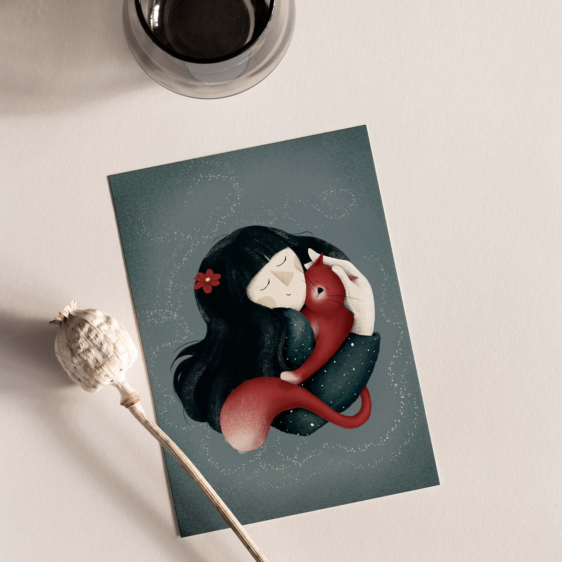 Framed circular art print of 'Hug Me Marry' by Darka Krizman, featuring a girl holding a red cat against a star-speckled background. A unique and expressive illustration for those who love artistic gifts, custom prints, or cats.