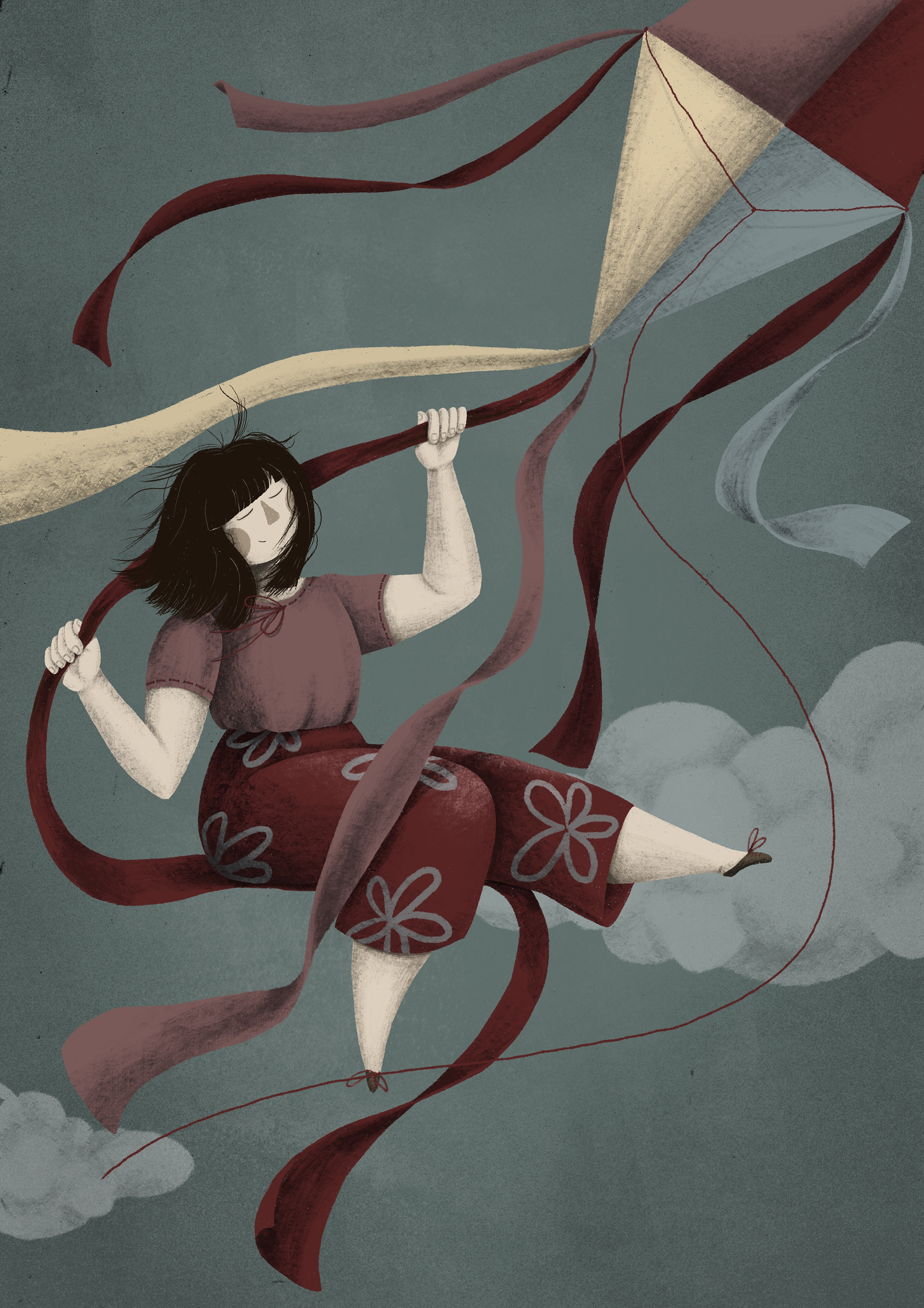 Whimsical illustration of a girl riding a kite through the sky. The background is composed of vibrant, swirling kite stripes, evoking a sense of wonder and fantasy.