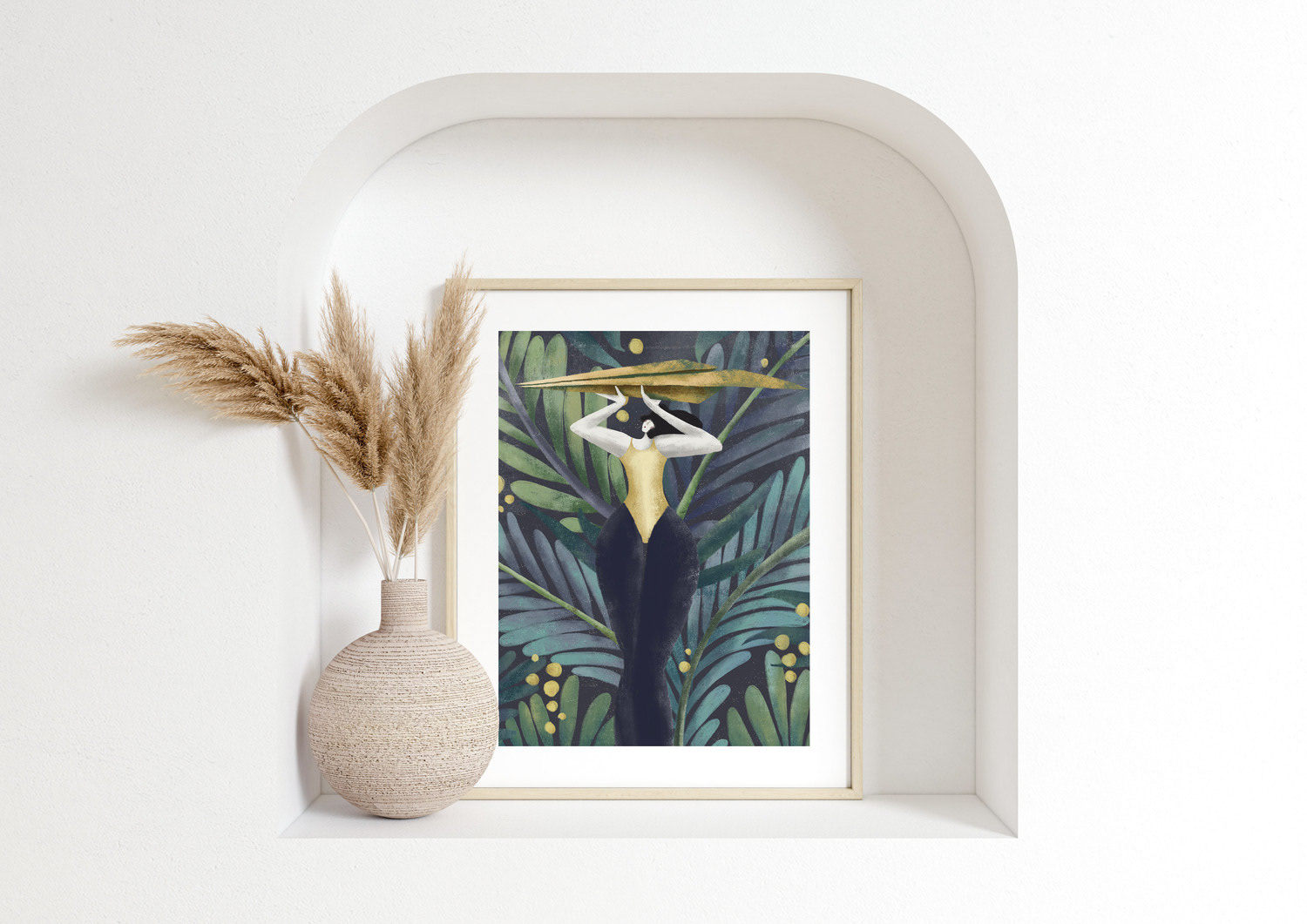 Framed botanical illustration by Darka White Krizman, featuring a woman in a modern art print displayed in a minimalistic interior.