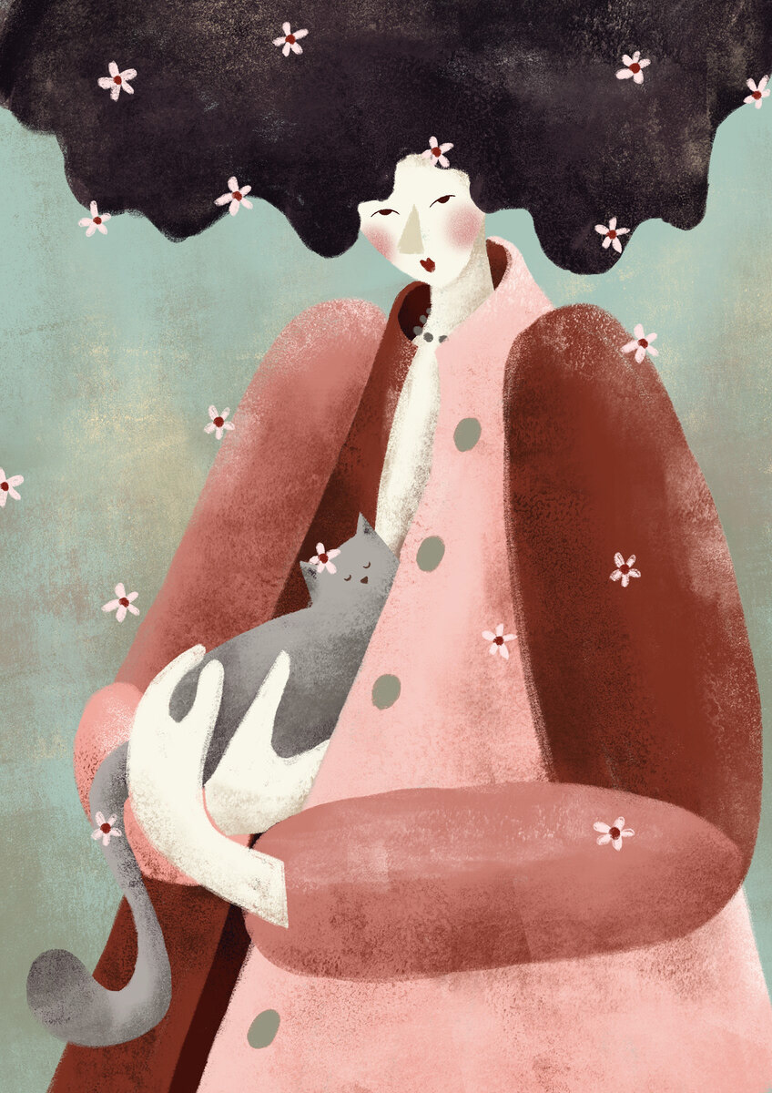 Illustrated Art print of 'Betsy with Catsy' by Darka Krizman showing a girl holding her cat with flowers in her hair, set against a textured background. Ideal for cat lovers and those seeking unique, custom art prints or artistic gifts