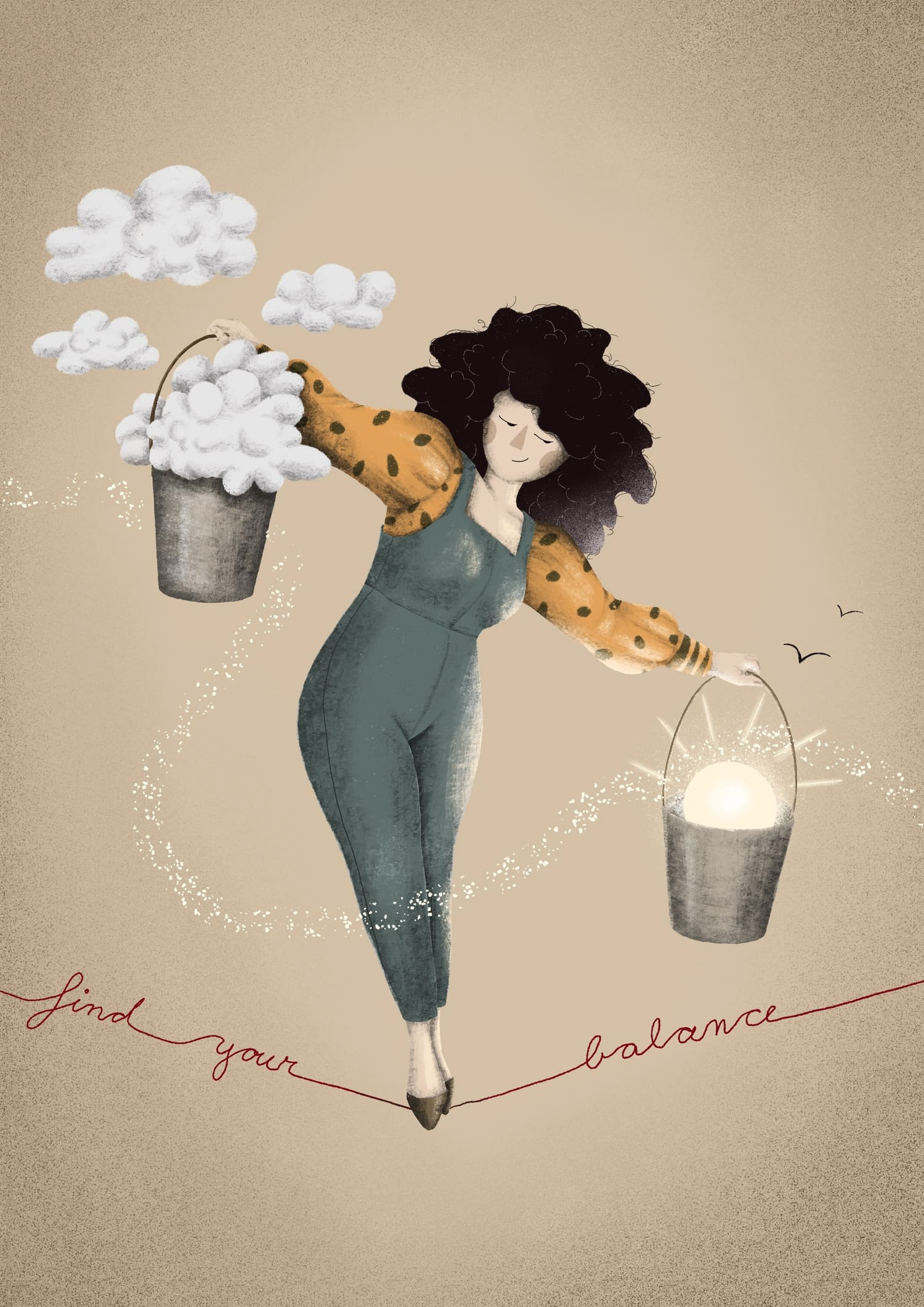 Whimsical digital illustration of a woman balancing on a tightrope, carrying buckets filled with clouds and light, symbolizing balance. Artistic composition with soft pastel tones, hand-drawn textures, and inspirational message 'Find Your Balance.' Perfect for custom illustration, digital artwork, and creative visual storytelling