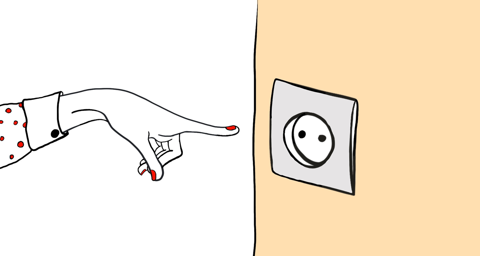 Illustration of a hand with red nails and a polka-dotted sleeve pointing towards an electrical outlet, a fun metaphor for "contact"The hand is gracefully positioned with the index finger extended, and the background features a minimalistic design with light colours. Illustration by Darka White.
