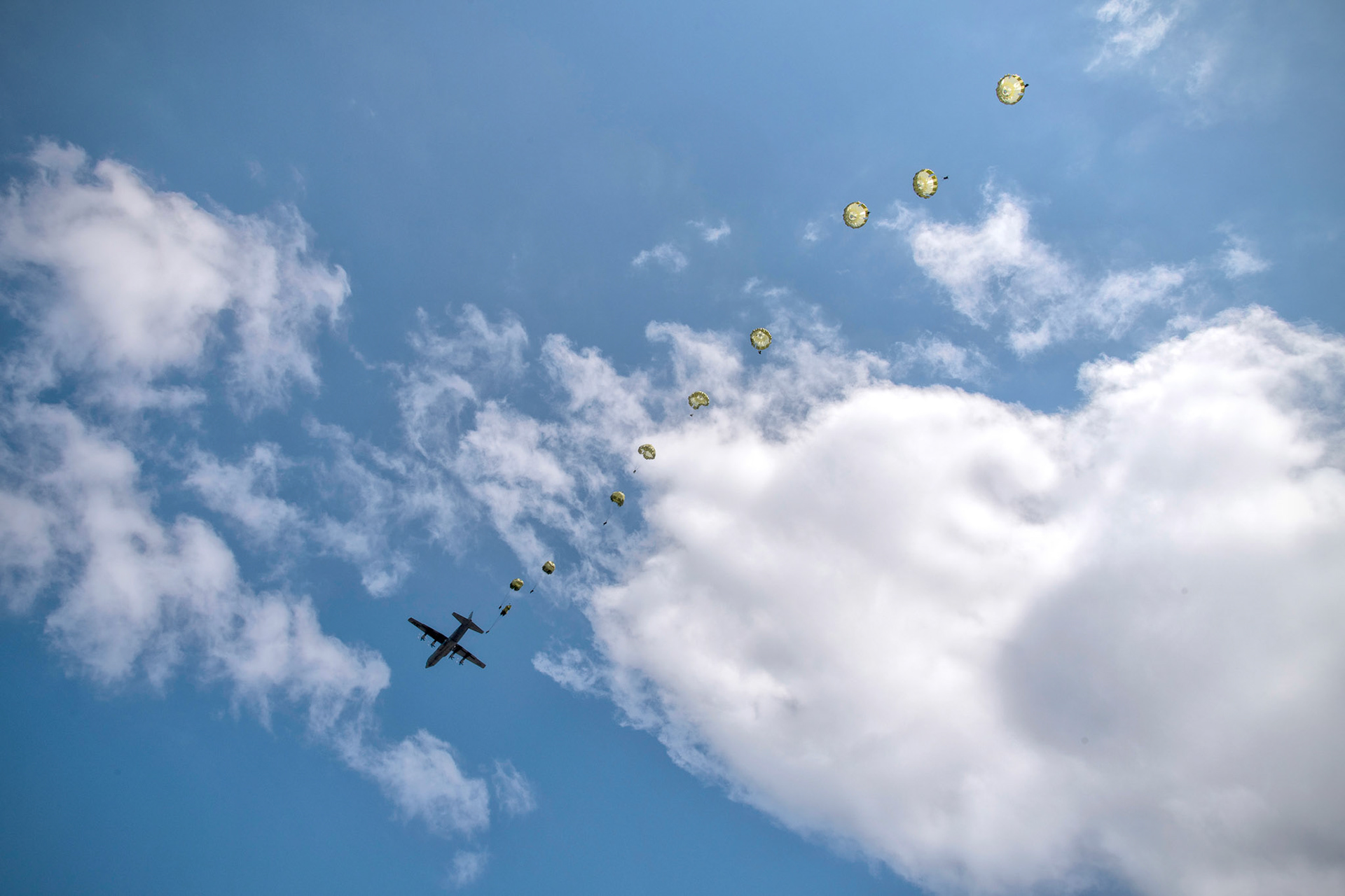 Japan Ground Self-Defense Force paratroopers assigned to the 1st Airborne Brigade descend from a U.S. Air Force C-130J Super Hercules assigned to the 36th Airlift Squadron during Field Training Exercise Iron Fist 23 over Kikaijima Island, Japan, March 3, 2023. During the exercise, the USAF and Japan Self-Defense Forces conducted simulated island seizure airborne operations as the U.S. Marine Corps performed a simultaneous amphibious assault onto the beachhead. (U.S. Air Force photo by Yasuo Osakabe)