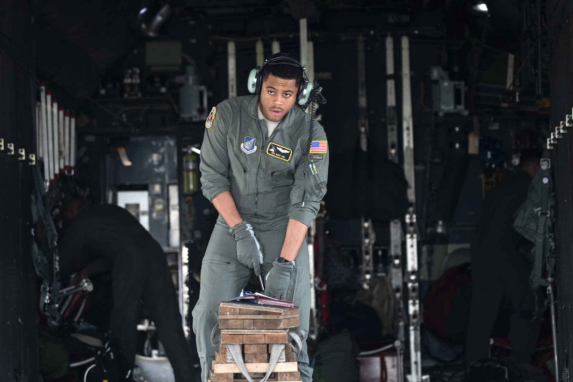 Senior Airman Gary Coe, 36th Airlift Squadron C-130H loadmaster, performs a pre-flight inspection on a C-130H Hercules, at Yokota Air Base, Japan, Oct. 5, 2017. This is the last active duty C-130H Hercules tactical training sortie. (U.S. Air Force photo by Yasuo Osakabe)