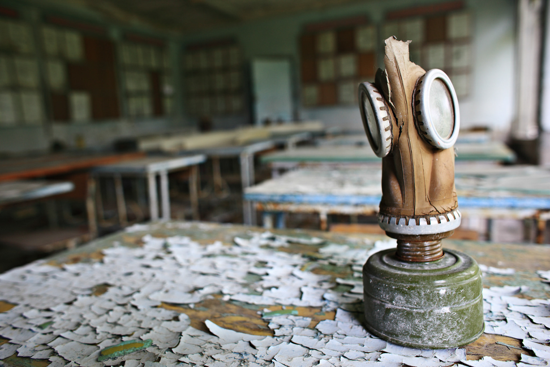 Debris spread on the desk tells that the hasty evacuation of Pripyat initiated after the Chernobyl disaster.