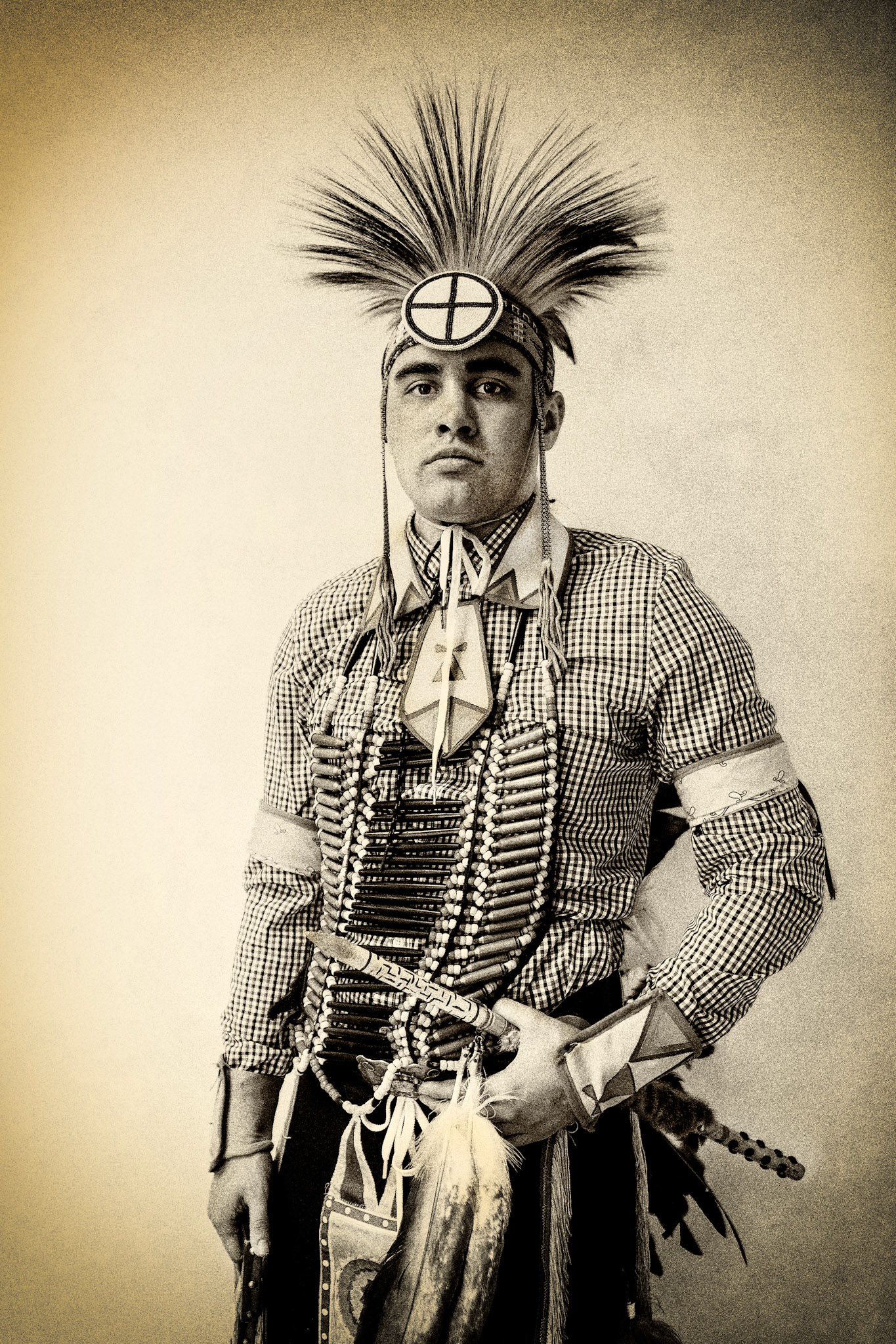 Airman 1st Class Joseph Odonnell, 374th Logistics Readiness Squadron fuels facilities technician, poses for a portraits after his performing at Yokota Air Base, Japan, Nov. 2, 2015. Odonnell belongs to the Blackfeet tribe, Sisseton Wahpeton Dakota Sioux tribe and the Gros Ventre tribe. (U.S. Air Force photo by Osakabe Yasuo/Released)