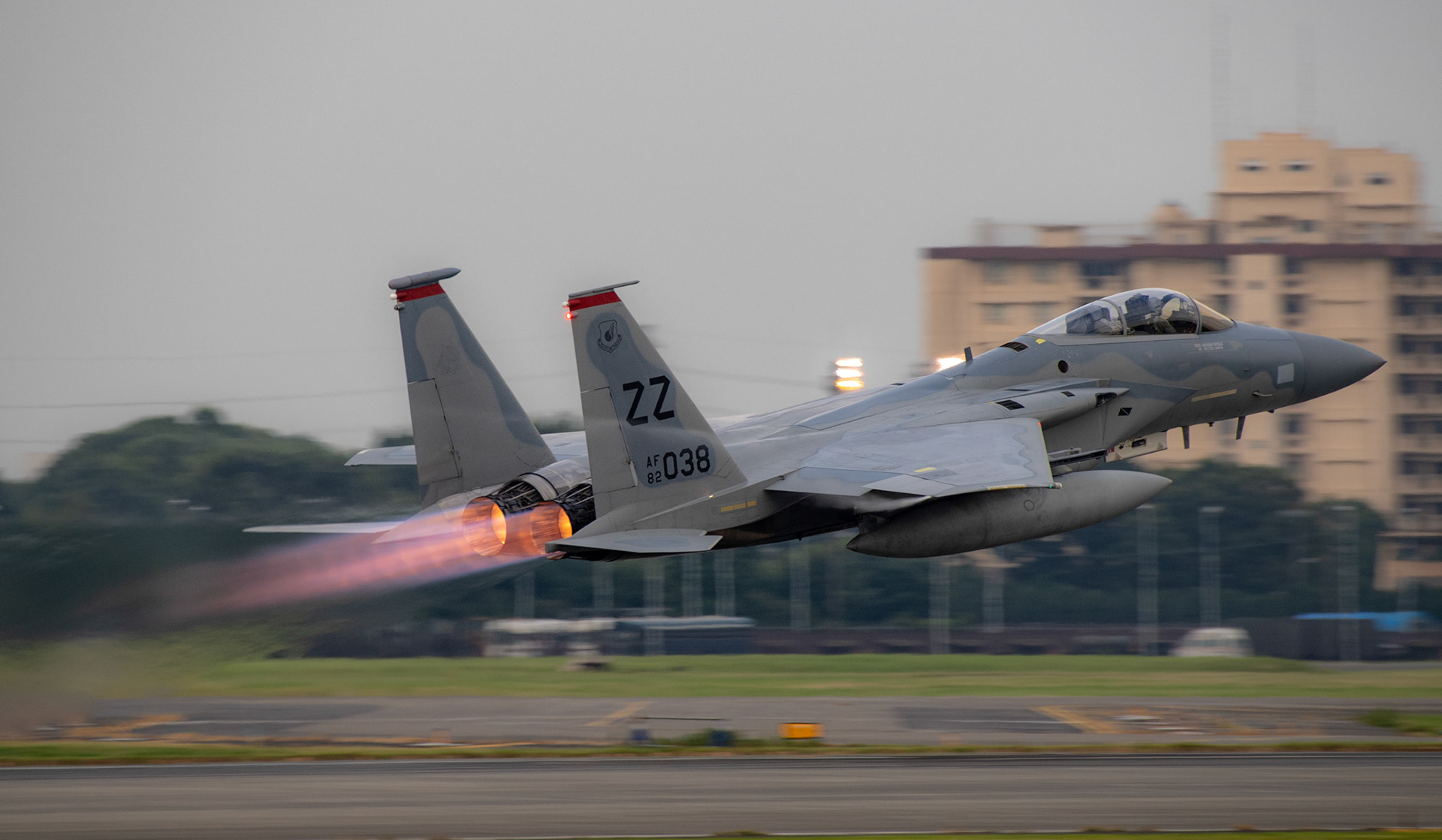 A U.S. Air Force F-15 Eagle assigned to the 67th Fighter Squadron, Kadena Air Base, Japan, takes off at Yokota Air Base, Japan, July 11, 2018, after Tropical Cyclone Conditions of Readiness (TCCOR) is declared All Clear at Kadena. Eighteen F-15 Eagle fighters evacuated to Yokota due to Typhoon Maria. The F-15 Eagle is a purpose-built air superiority fighter capable of detecting, acquiring and tracking enemy aircraft.(U.S. Air Force photo by Yasuo Osakabe)