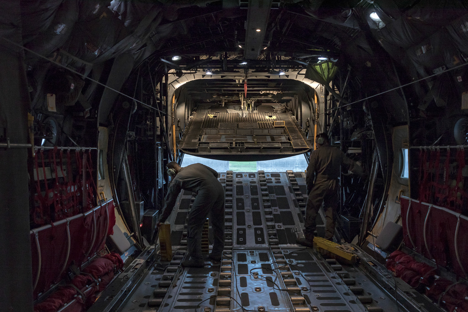 The rear ramp of a C-130H Hercules closes after landing at Yokota Air Base, Japan, Oct. 5, 2017. Crew members with the 36th Airlift Squadron completed the last active-duty C-130H tactical training sortie. (U.S. Air Force photo by Yasuo Osakabe)