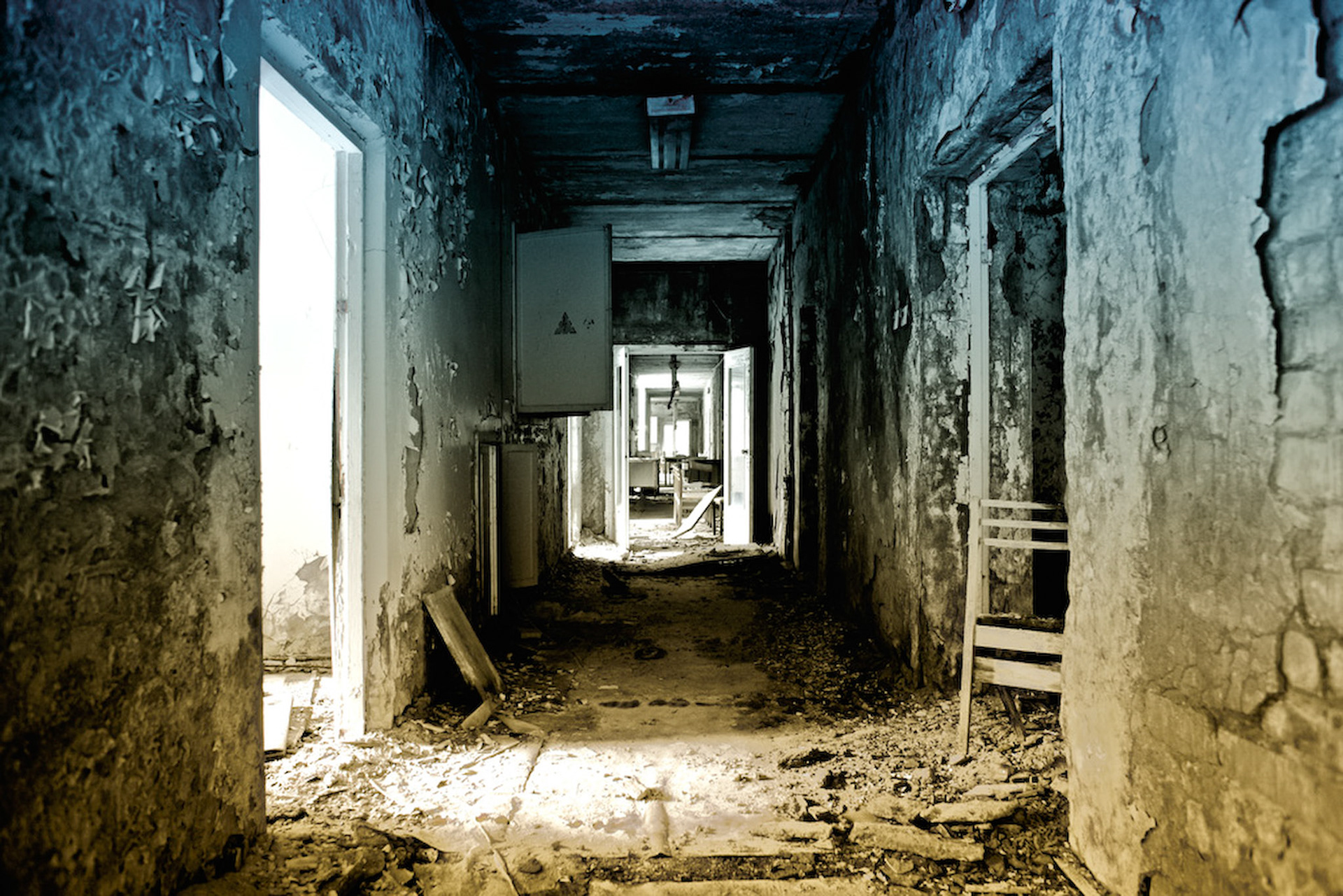 In the second floor of the hospital No. 126 in Pripyat city, Chernobyl Exclusive Zone. This hospital is the biggest hospital in pripyat city and It consisted of five large buildings, about 6 stories high, all interconnected.