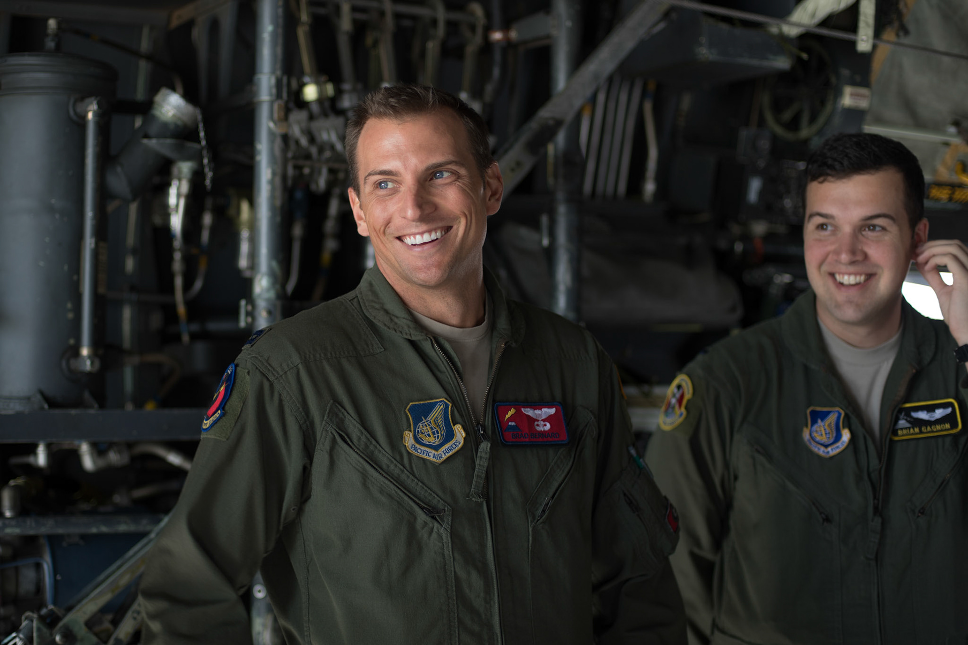 Capt. Thomas Bernard, 36th Airlift Squadron C-130H pilot, and 1st Lt. Brian Gagnon, 36th AS C-130H navigator, listen to a crew briefing on a C-130H Hercules at Yokota Air Base, Japan, Oct. 5, 2017. This is the last active duty C-130H Hercules tactical training sortie. (U.S. Air Force photo by Yasuo Osakabe)