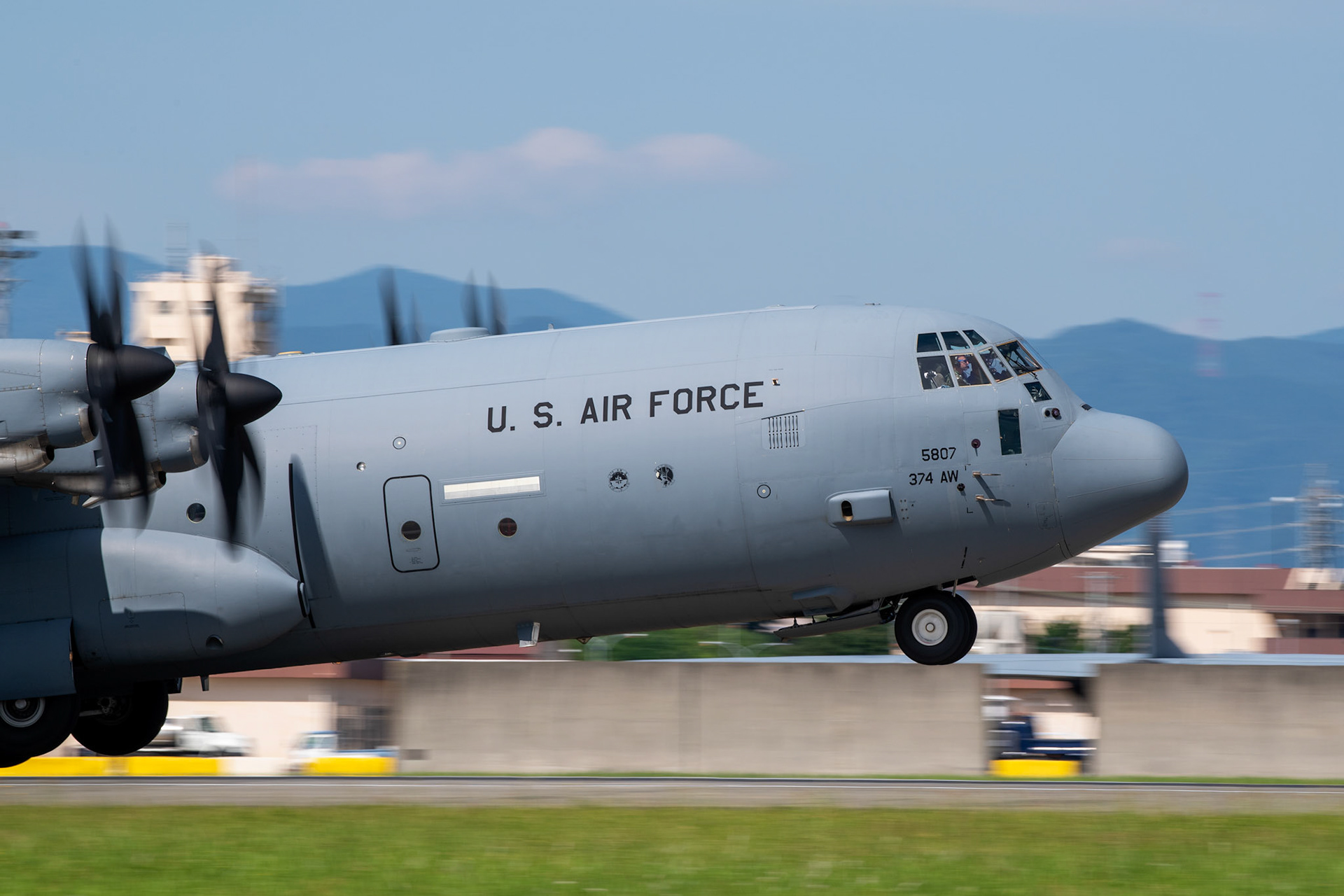 A U.S. Air Force C-130J Super Hercules assigned to the 36th Airlift Squadron takes off at Yokota Air Base, Japan, June 17, 2020, during Exercise Gryphon Jet. Gryphon Jet is an integrated training exercise focused on improving interoperability throughout the special operations community. (U.S. Air Force photo by Yasuo Osakabe)