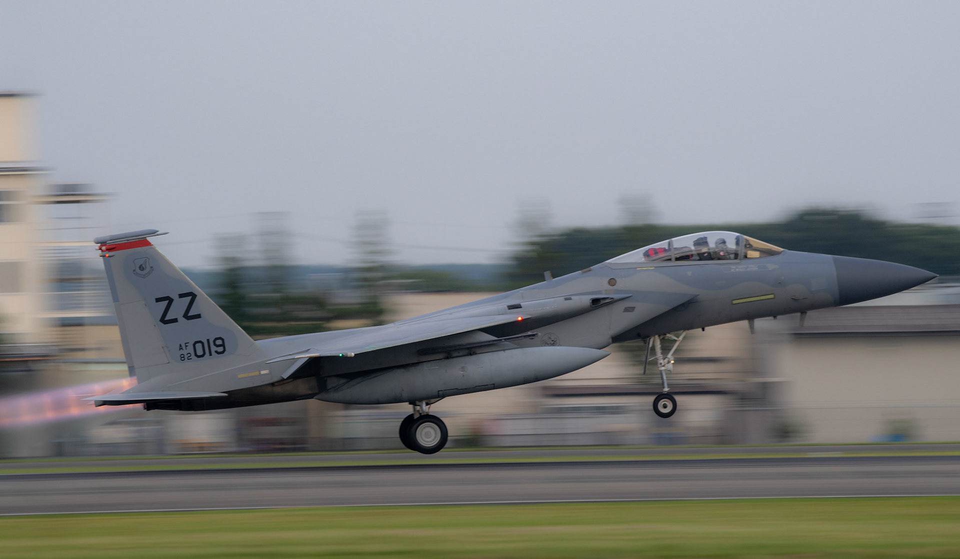 A U.S. Air Force F-15 Eagle assigned to the 67th Fighter Squadron, Kadena Air Base, Japan, takes off at Yokota Air Base, Japan, July 11, 2018, after Tropical Cyclone Conditions of Readiness (TCCOR) is declared All Clear at Kadena. Eighteen F-15 Eagle fighters evacuated to Yokota due to Typhoon Maria. The F-15 Eagle is a purpose-built air superiority fighter capable of detecting, acquiring and tracking enemy aircraft.(U.S. Air Force photo by Yasuo Osakabe)
