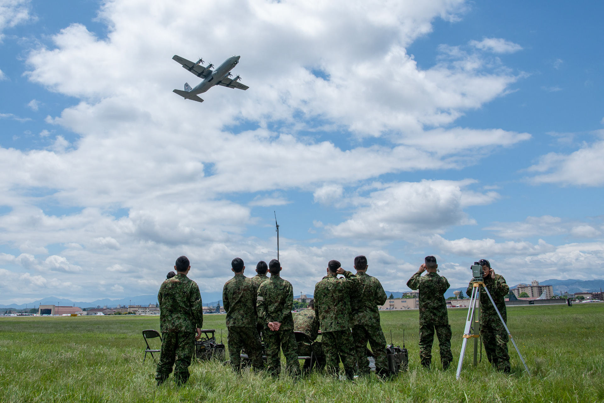A U.S. Air Force C-130J Super Hercules assigned to the 36th Airlift Squadron takes off at Yokota Air Base, Japan, May 22, 2022, during the Japanese-American Friendship Festival. A six member team comprised of U.S. Air Force and JGSDF paratroopers, conducted a military free fall demonstration to show their capabilities during the festival. During the two-day festival, more than 110,000 attendees came to Yokota to experience the event. The festival is aimed at increasing bilateral relationships between U.S. and Japanese communities and allows people to see U.S. and Japanese military capabilities first-hand. (U.S. Air Force photo by Yasuo Osakabe)