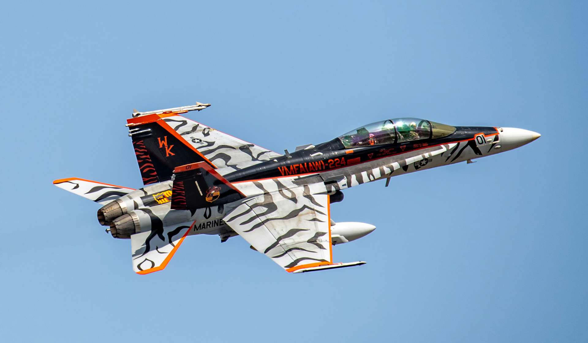 A U.S. Marines F/A-18D Hornet assigned to the Marine All-Weather Fighter Attack Squadron (VMFA(AW)) 224, takes off at Yokota Air Base, Japan, April 16, 2024, after conducting training missions. (U.S. Air Force Photo by Yasuo Osakabe)