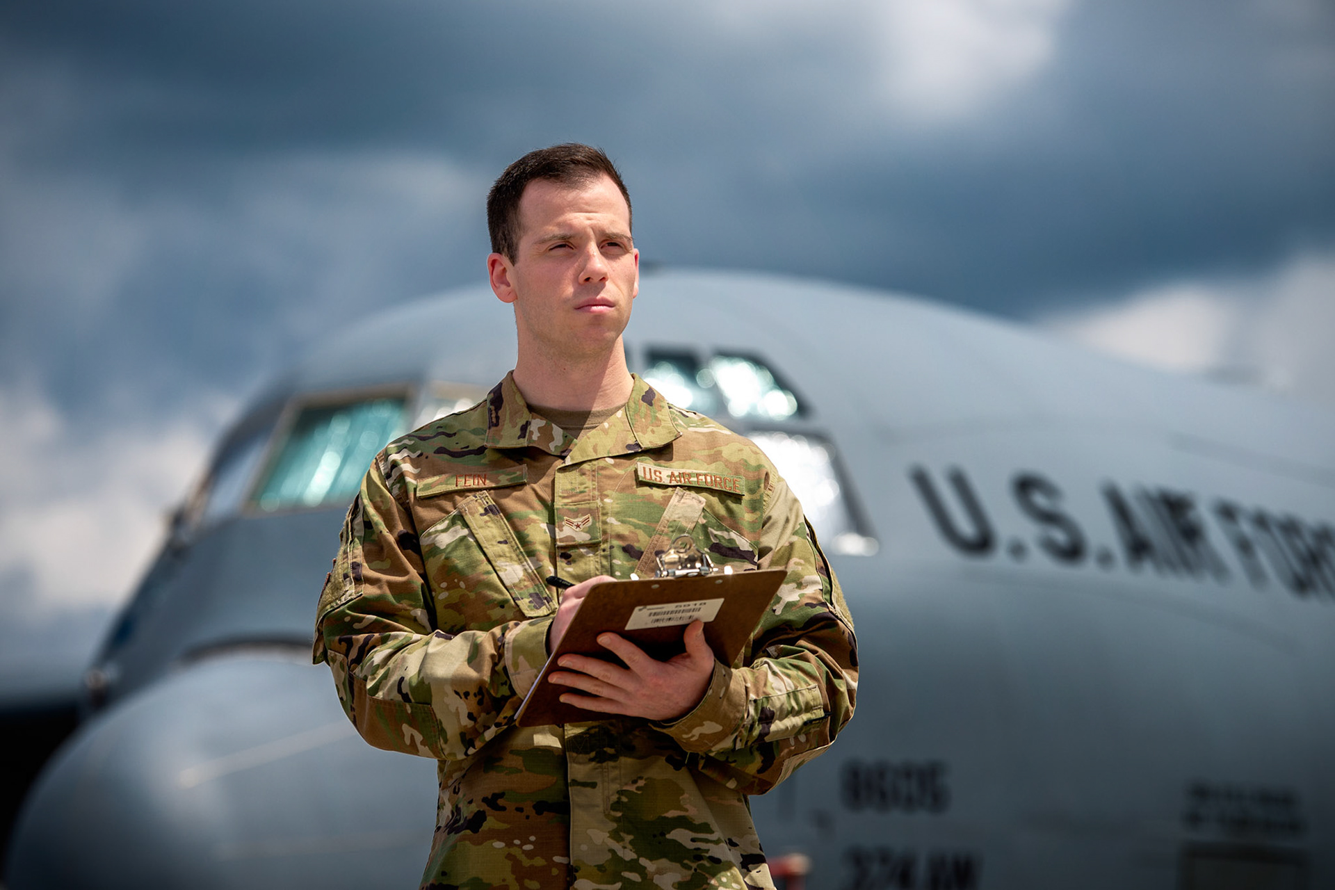 Airman 1st Class Matthew Fein, 374th Aircraft Maintenance Squadron command support staff assistant, poses for a portrait at Yokota Air Base, Japan, Aug. 27, 2020.Since arriving at Yokota in 2017, Fein quickly achieved his 5-level badge which he utilized during the Exercise Red Flag 19-2 Alaska, which is the largest joint force entry exercise in PACAF. (U.S. Air Force photo by Yasuo Osakabe)