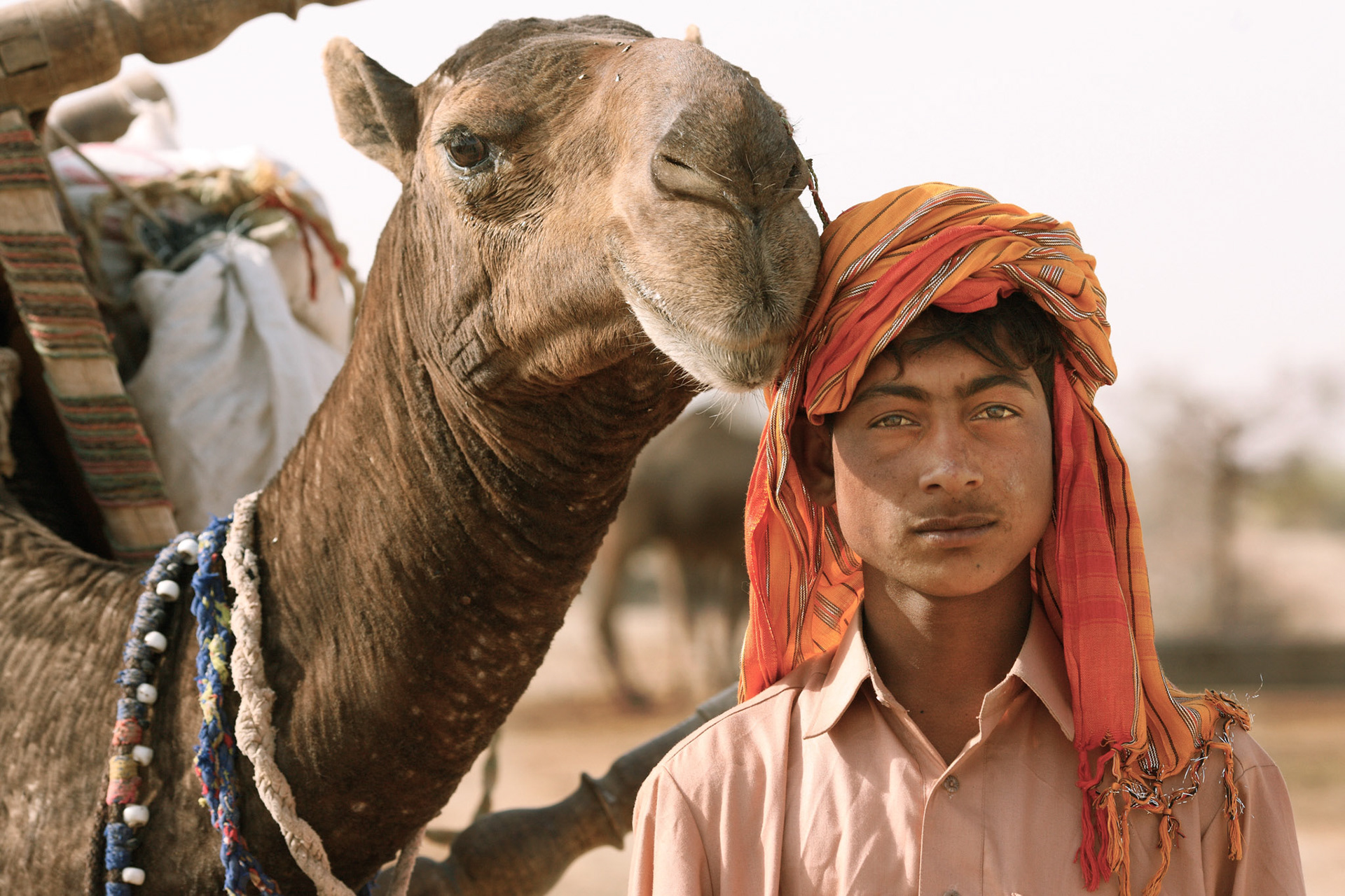 A camel-rider with his camel, they resemble in same face. Its seems he loves his camel very much.