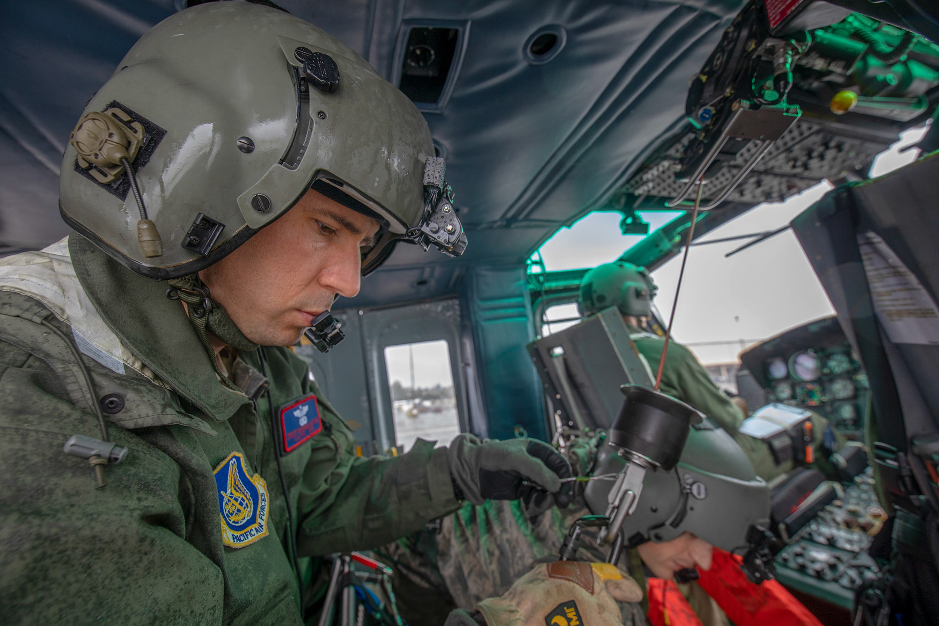 Tech. Sgt. Nicholas Poe, 459th Airlift Squadron special mission aviator, secures a rescue stretcher during pre-flight inspection at Yokota Air Base, Japan, Sept. 15, 2018, during a Capabilities Exercise as part of the 2018 Japanese-American Friendship Festival at Yokota Air Base, Japan, Sept. 15, 2018. Members with the 459th AS showcased their rescue capabilities to execute search-and-rescue mission. (U.S. Air Force photo by Yasuo Osakabe)