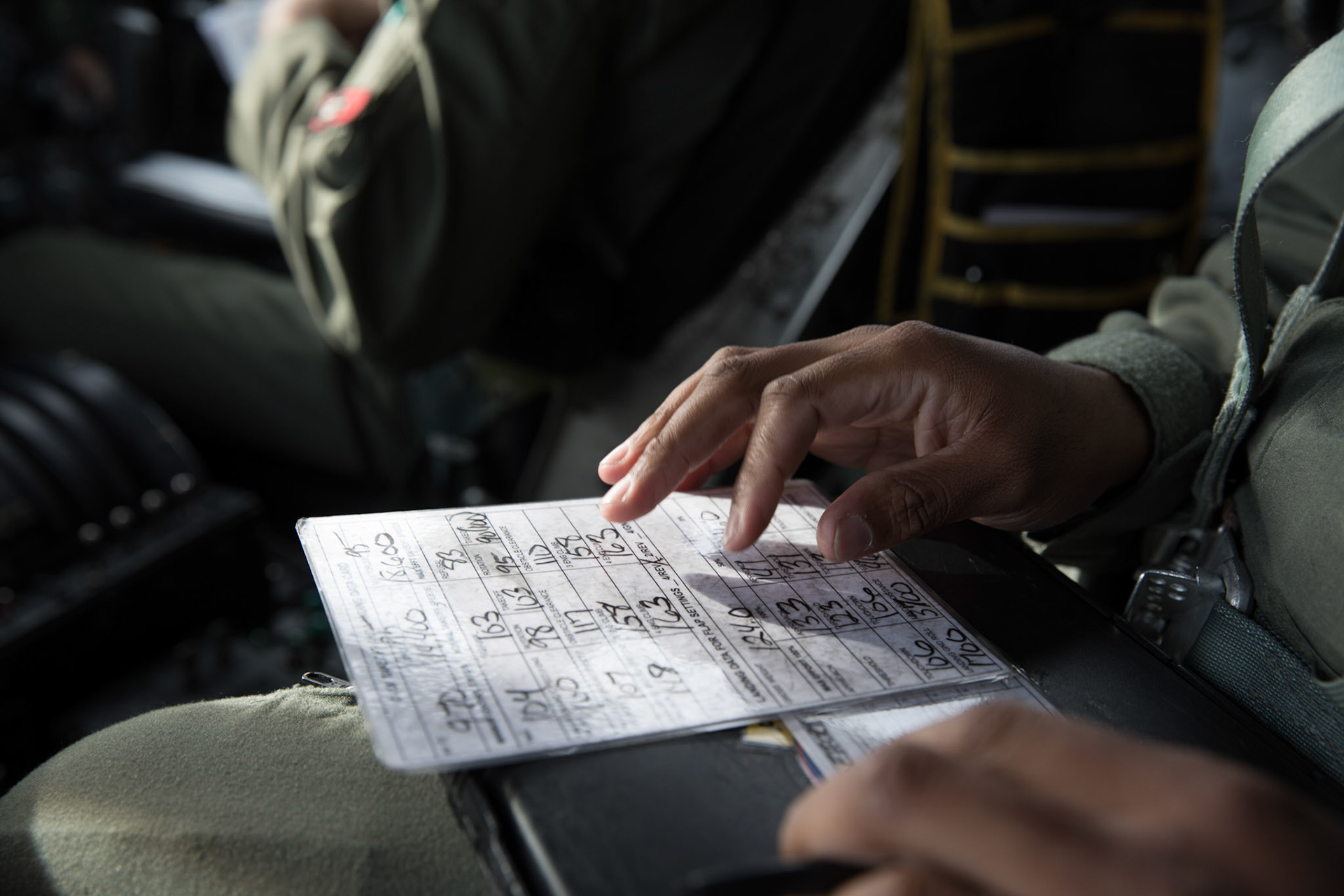 Tech. Sgt. Joshua Pittman, 36th Airlift Squadron C-130H flight engineer, checks a C-130 takeoff and landing data card during a tactical training sortie over Izu Peninsula, Japan, Oct. 5, 2017. The flight engineer is primarily concerned with the operation and monitoring of all aircraft systems. (U.S. Air Force photo by Yasuo Osakabe)
