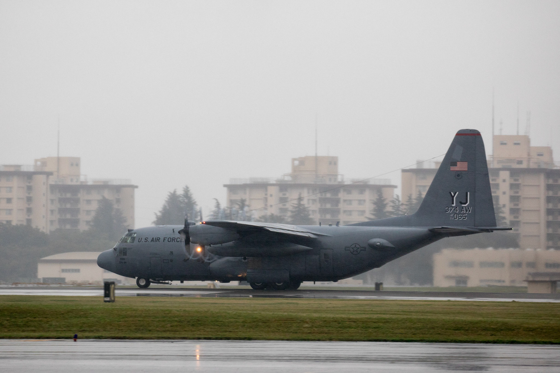 The C-130H Hercules assigned to the 36th Airlift Squadron leaves propeller tip vortices in its wake as it takes off from Yokota Air Base, Japan, Oct. 16, 2017. The Hercules was the last in The Air Force’s active-duty C-130H inventory. (U.S. Air Force photo by Yasuo Osakabe)