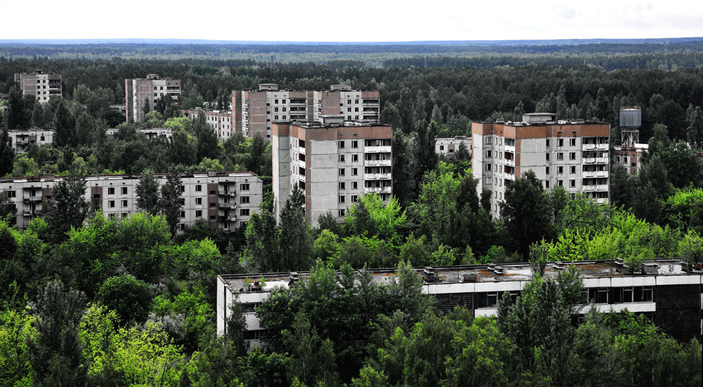 The city planning of Pripyat followed the ‘triangle principle’ invented by the Moscow architects. The triangle principle is based on an apt combination of the living towers and the standard blocks of flats. It saves much land, which, in its own turn, may be turned into the green areas and gardens. Free spaces between the structures make the urban area less visually dense. The traditional idea behind the high-rise buildings was to save land; on the contrary, Soviet architects, wanted to make life more comfortable. They aimed to achieve this both with the use of extensive spaces between the blocks and with the equiangular thoroughfare planning.