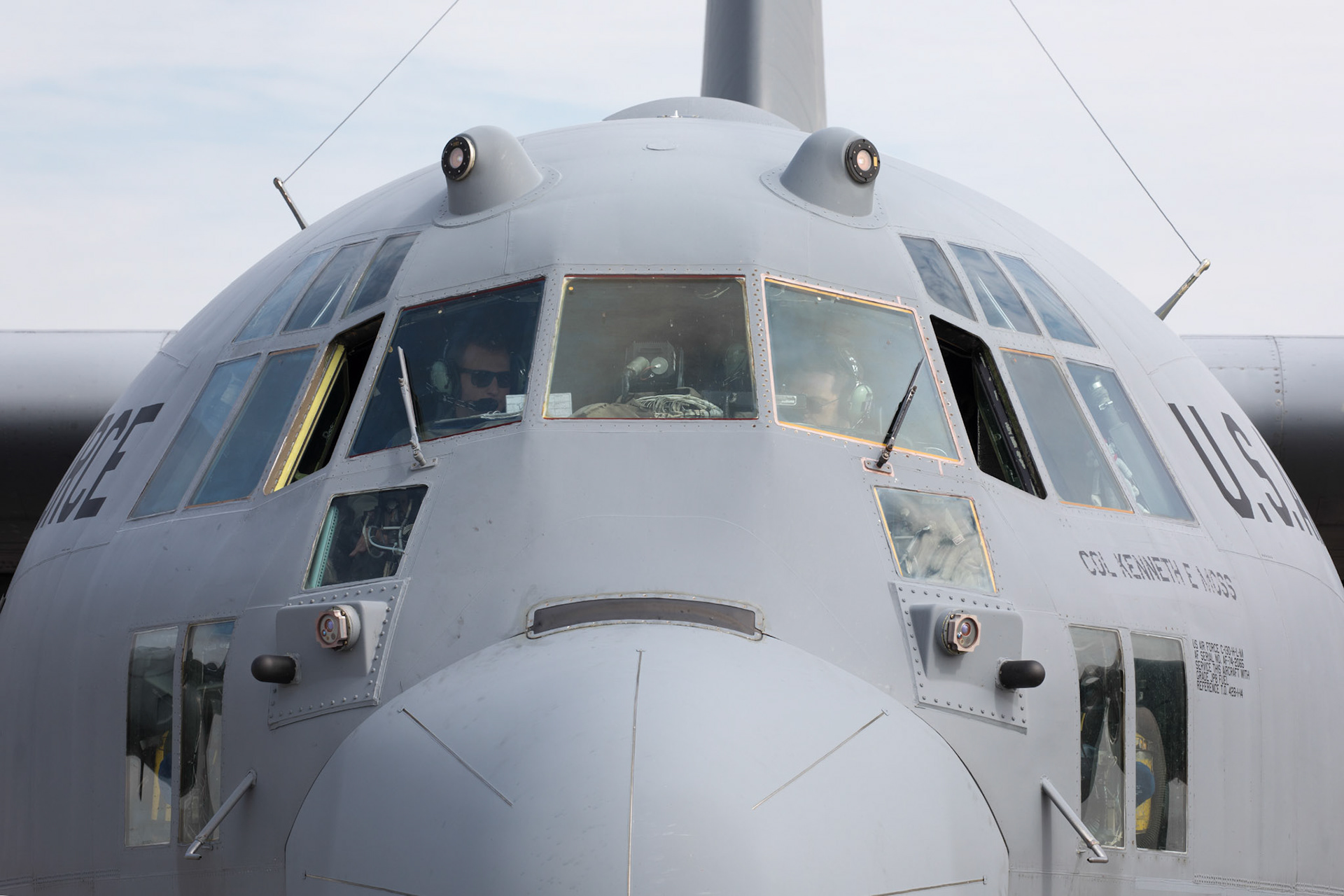 Capt. Thomas Bernard and Capt. Travis Wilkes, both 36th Airlift Squadron C-130H pilots, conduct their preflight checks prior to taking off to perform a tactical training mission at Yokota Air Base, Japan, Oct. 5, 2017. This is the last active duty C-130H Hercules tactical training sortie. (U.S. Air Force photo by Yasuo Osakabe)