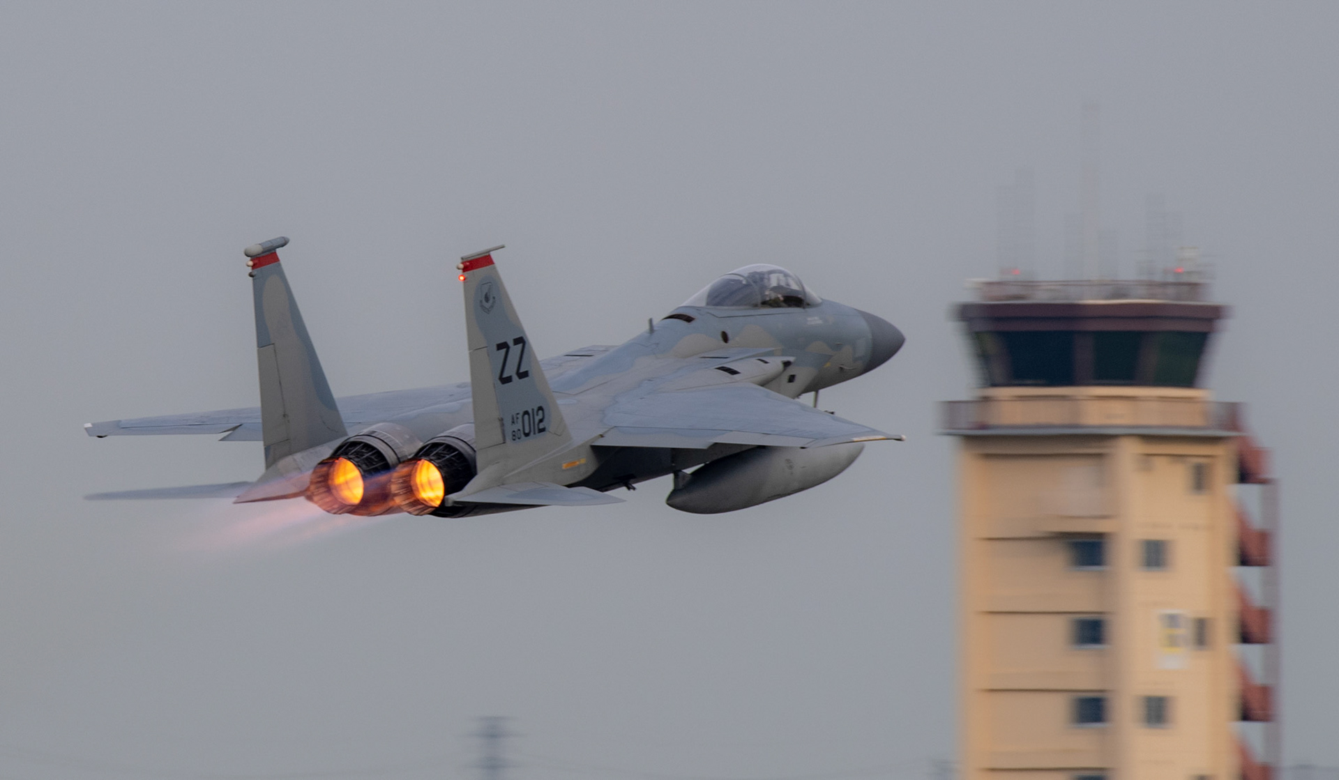 A U.S. Air Force F-15 Eagle assigned to the 67th Fighter Squadron, Kadena Air Base, Japan, takes off at Yokota Air Base, Japan, July 11, 2018, after Tropical Cyclone Conditions of Readiness (TCCOR) is declared All Clear at Kadena. Eighteen F-15 Eagle fighters evacuated to Yokota due to Typhoon Maria. The F-15 Eagle is a purpose-built air superiority fighter capable of detecting, acquiring and tracking enemy aircraft.(U.S. Air Force photo by Yasuo Osakabe)