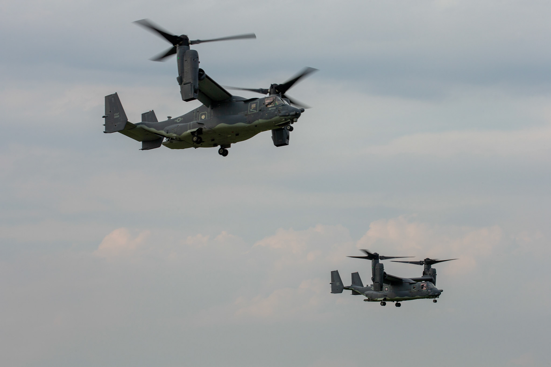 Two CV-22 Ospreys assigned to the 21st Special Operations Squadron fly over Yokota Air Base, Japan, June 15, 2020, during Exercise Gryphon Jet. Gryphon Jet is an integrated training exercise focused on improving interoperability throughout the special operations community. (U.S. Air Force photo by Yasuo Osakabe)