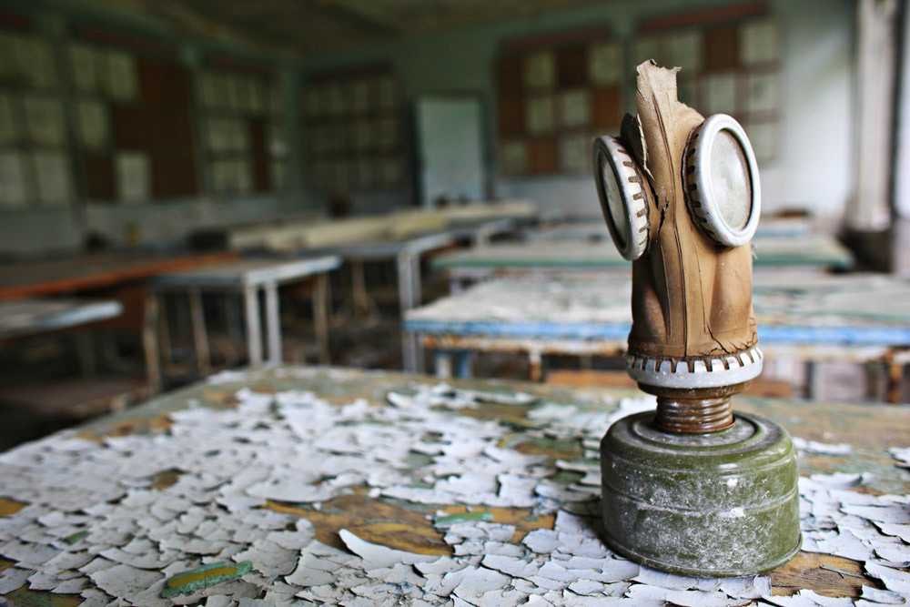 Debris spread on the desk tells that the hasty evacuation of Pripyat initiated after the Chernobyl disaster.
