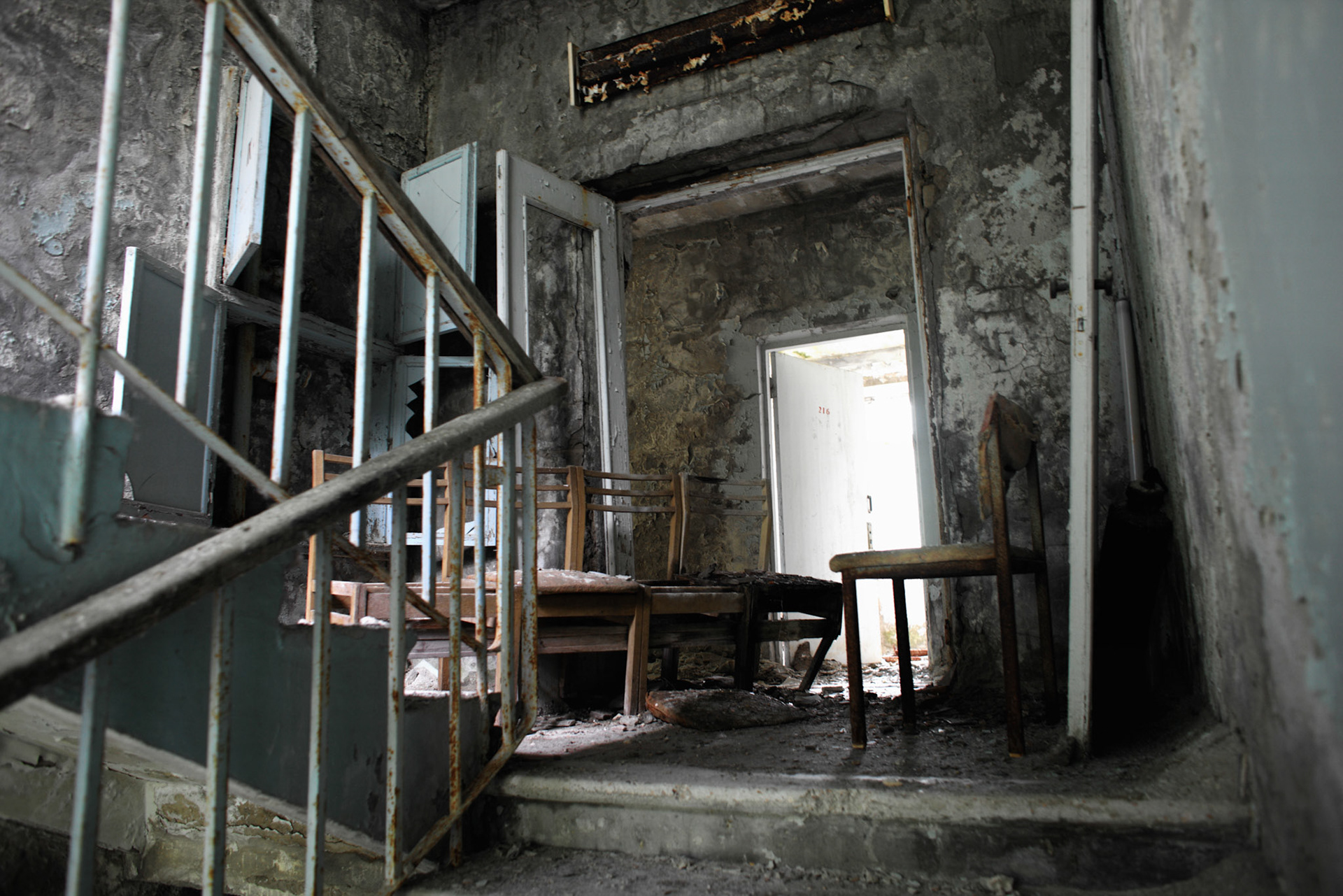In the second floor of the hospital No. 126 in Pripyat city, Chernobyl Exclusive Zone. This hospital is the biggest hospital in pripyat city and It consisted of five large buildings, about 6 stories high, all interconnected.