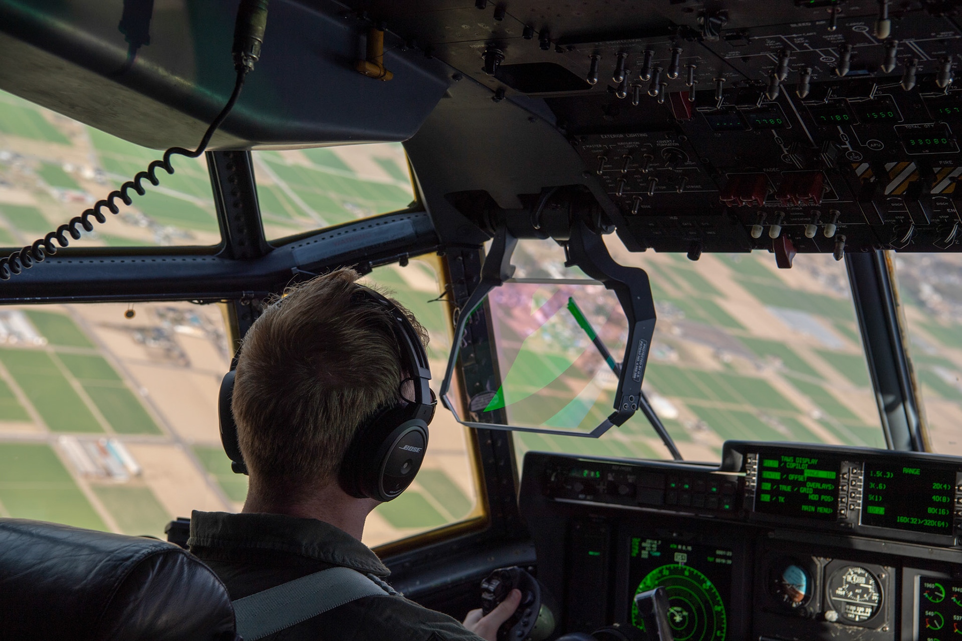 1st Lt. Matthew Crader, 36th Airlift Squadron C-130J pilot, flies over the Kanto Plain during the Yokota C-130J Rodeo, March 22, 2019. The Rodeo is a tactical airlift competition between flights within the 36th Airlift Squadron and 374th Operations Support Squadron, whose goal is to demonstrate capabilities, improve procedures, and enhance standardization for global operations.  (U.S. Air Force photo by Yasuo Osakabe)