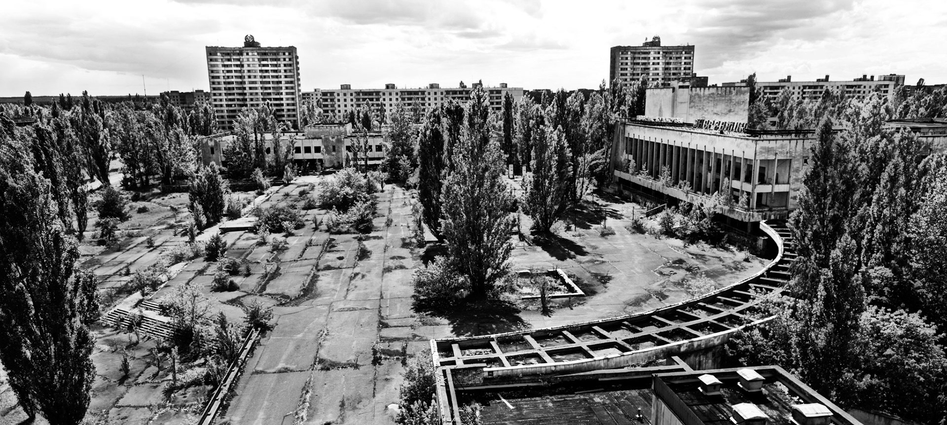 The Palace of Culture Energetik, as seen from the top of Polissia Hotel, at the city square of Pripyat.