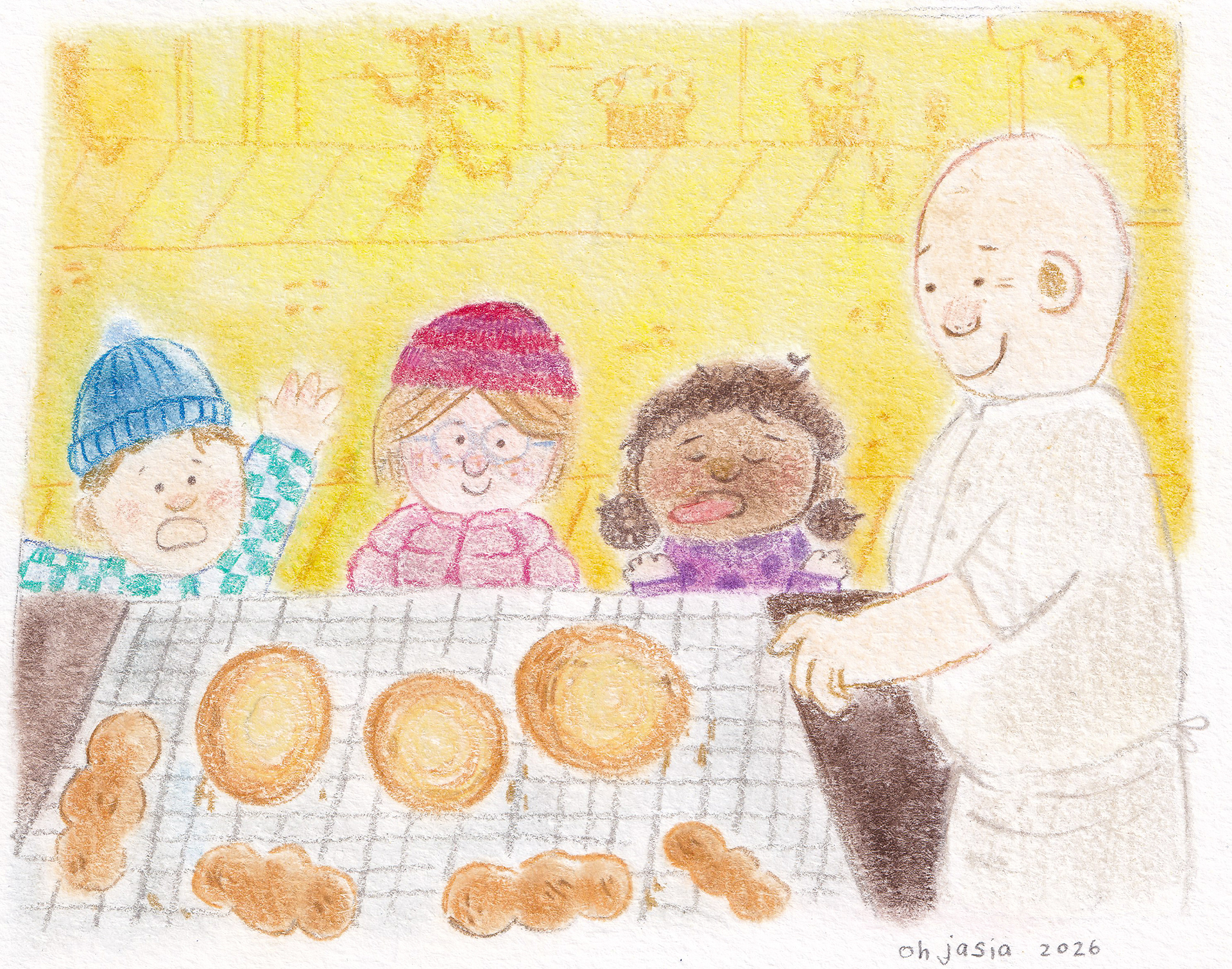 Hot Donuts, 2026 - Pan pastels and coloured pencils 
