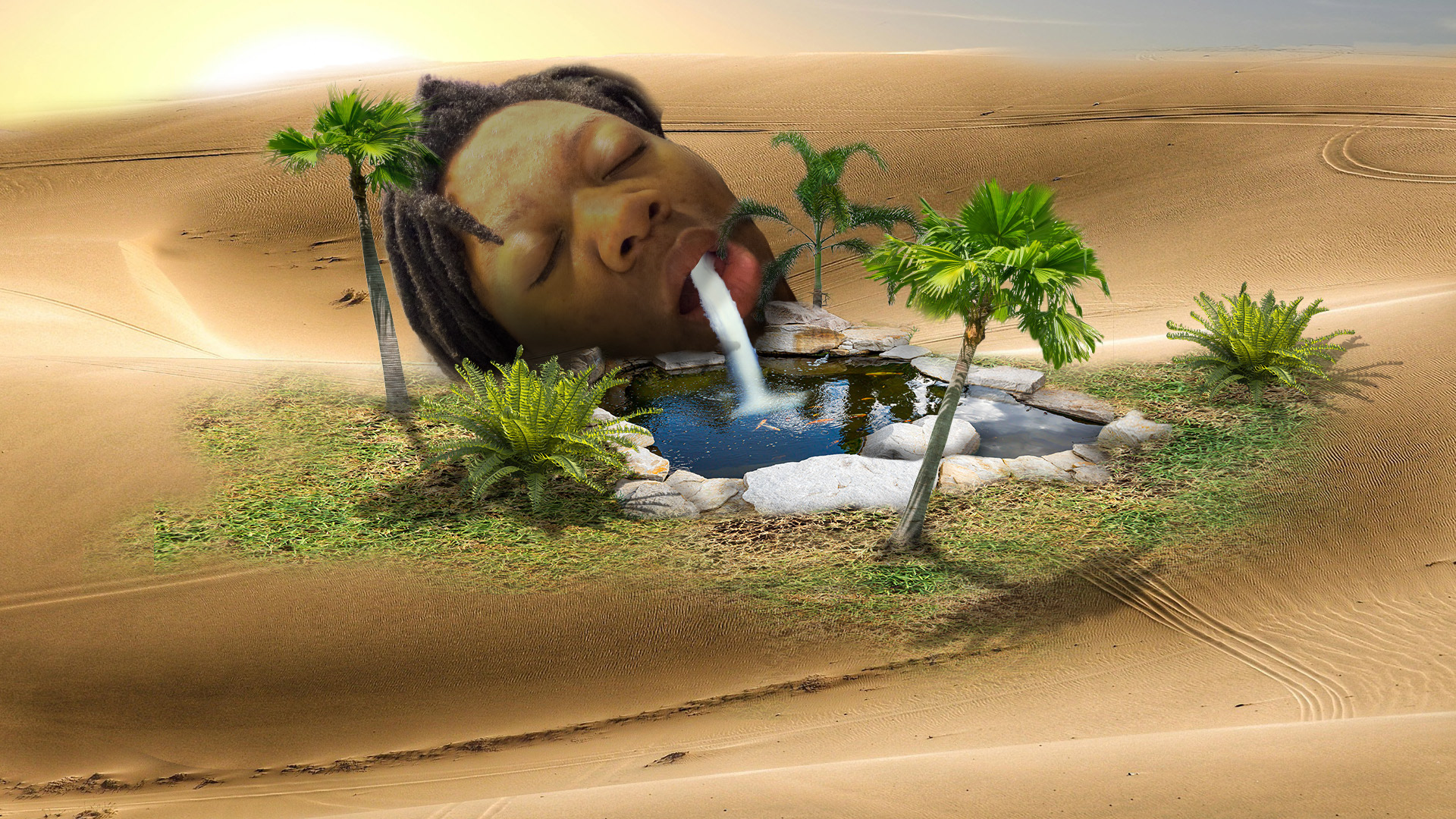 Under the influence: Oasis, Digital composite in Adobe Photoshop, 1920 ×  1080 px, 2025