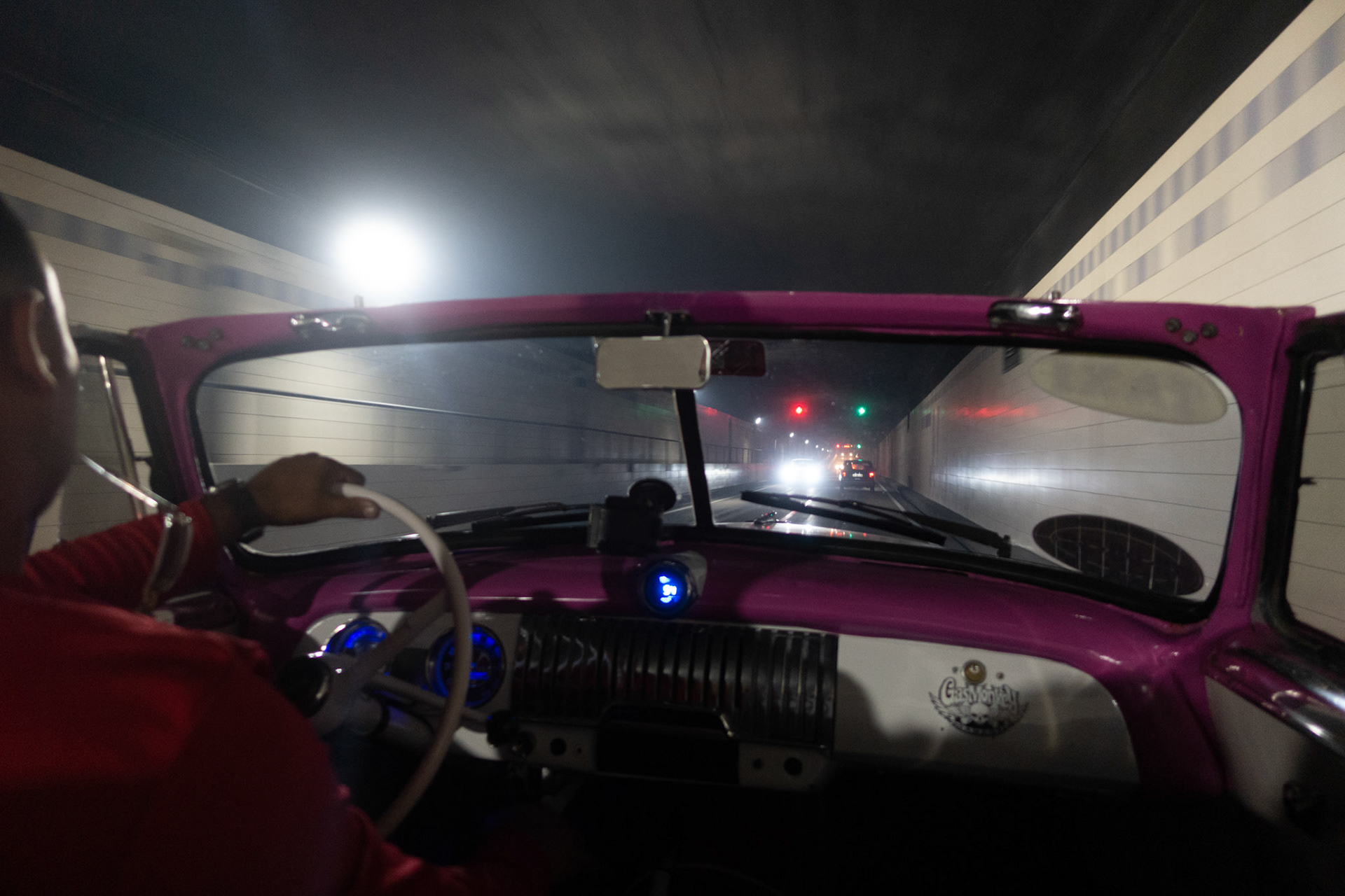 Havana:  In a convertible in a highy poluted tunnel.