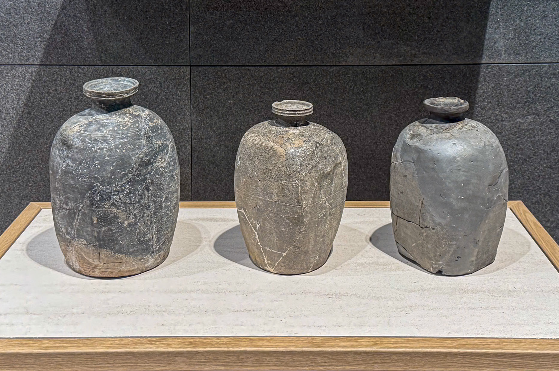 Gyeongju:  National Museum - Ceramic bottles with flattened sides. 9th-10th c