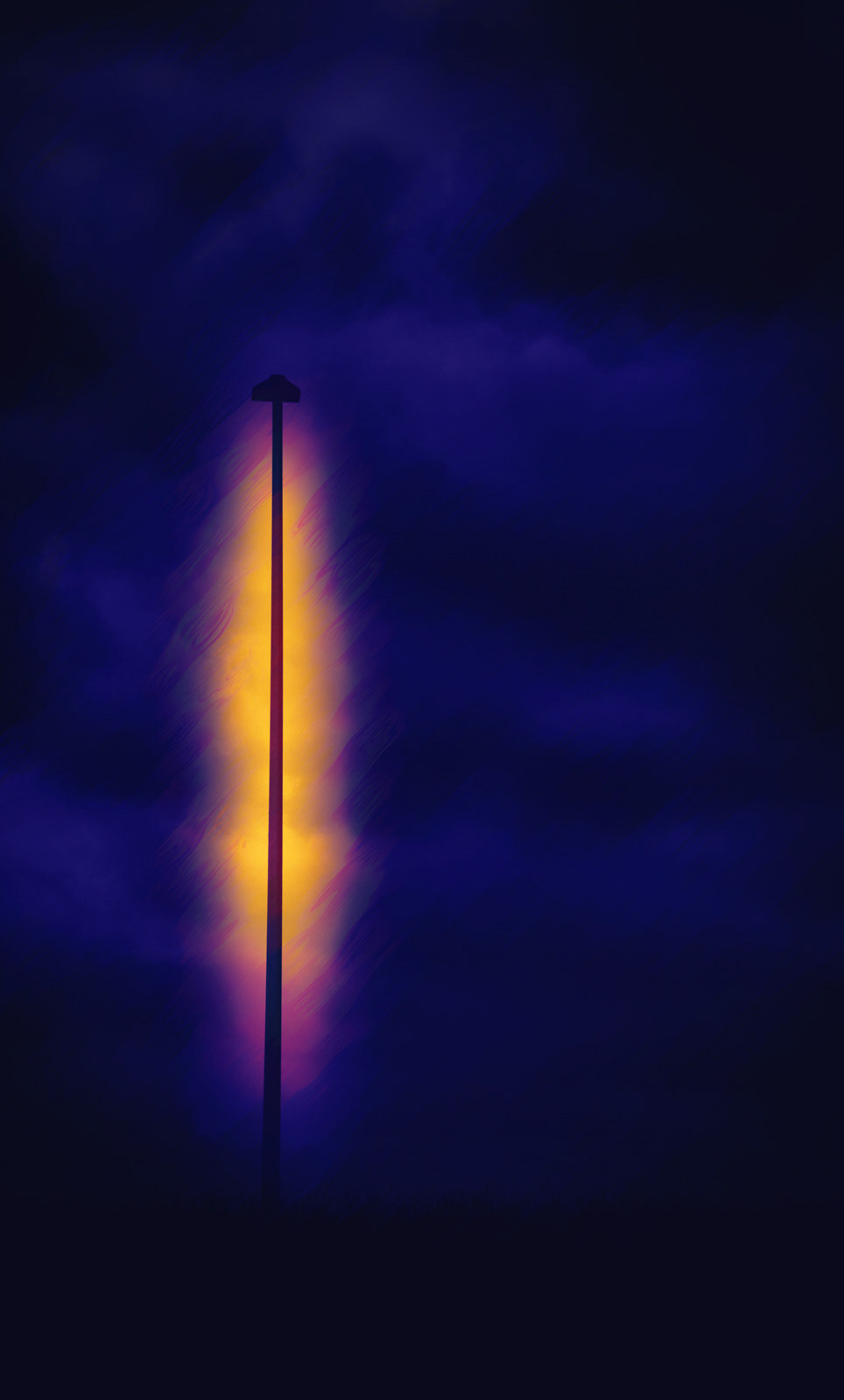 A melancholic scene of an old street lamp illuminating the dark night.