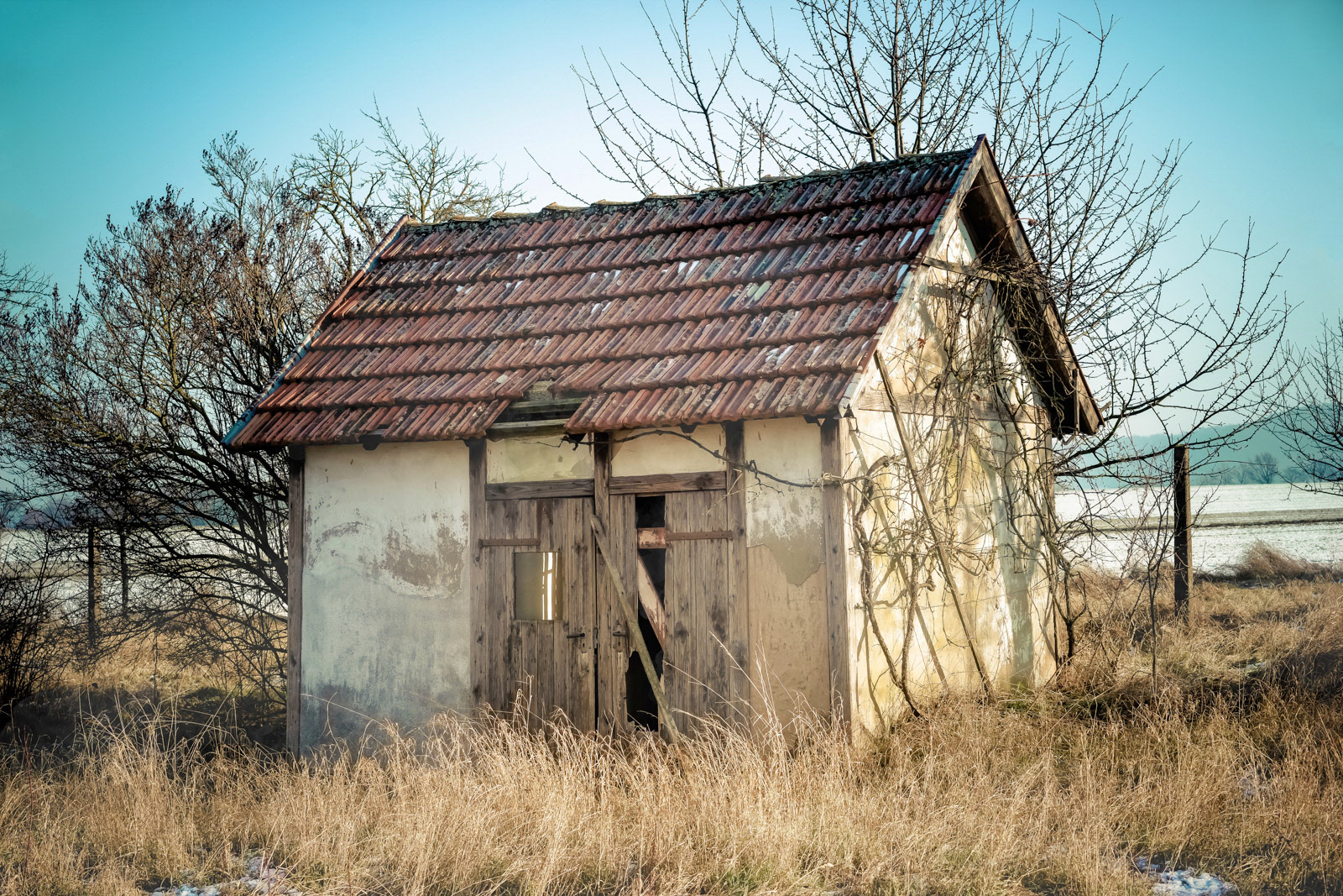 An abandoned small damaged hut in the middle of rural bavaria in Germany.