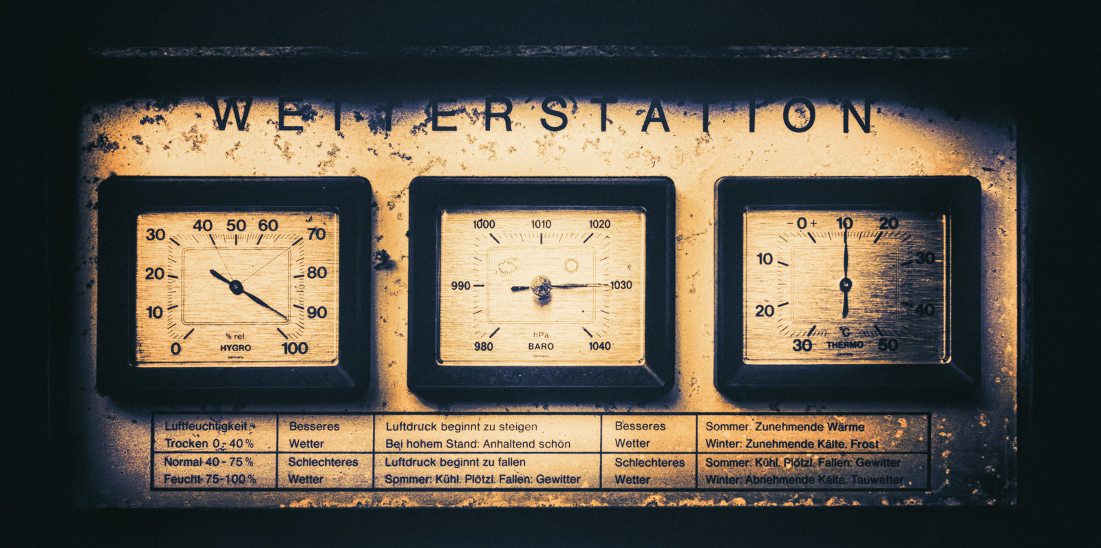 This old and very used weather station was located on an old hunter's cottage deep in the German woods. It is a contemporary witness and the measurement is still working.