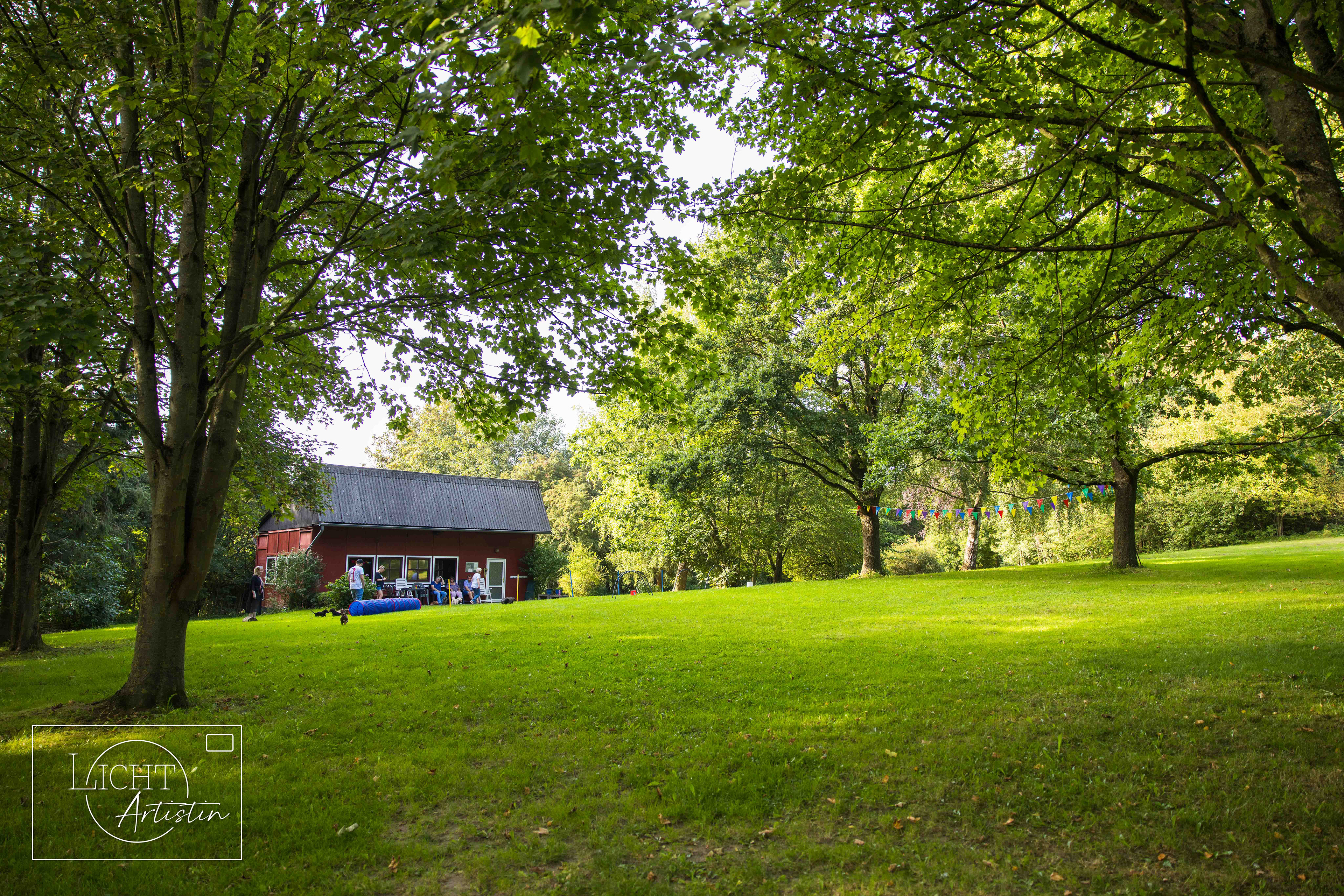 Blick vom Eingang auf die große Wiese mit Vereinshaus