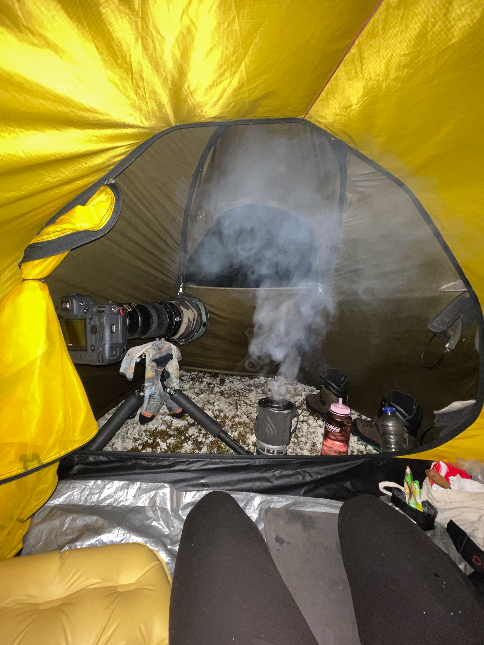 Dans la toile de tente