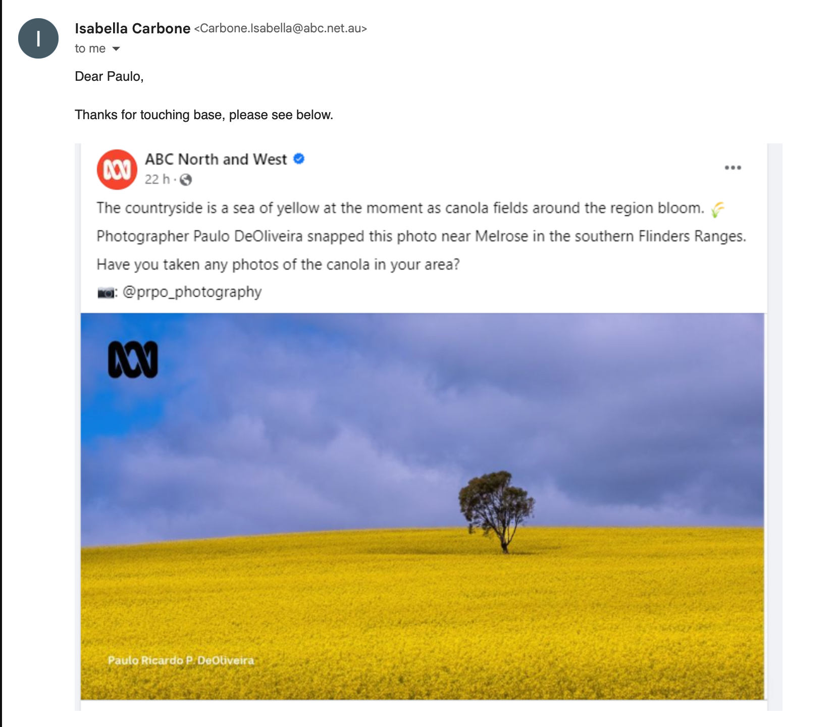 ABC North And West SA in Port Pirie asked to post one of my photos (this one) on their Facebook page, in 2023.It was a great honour.  