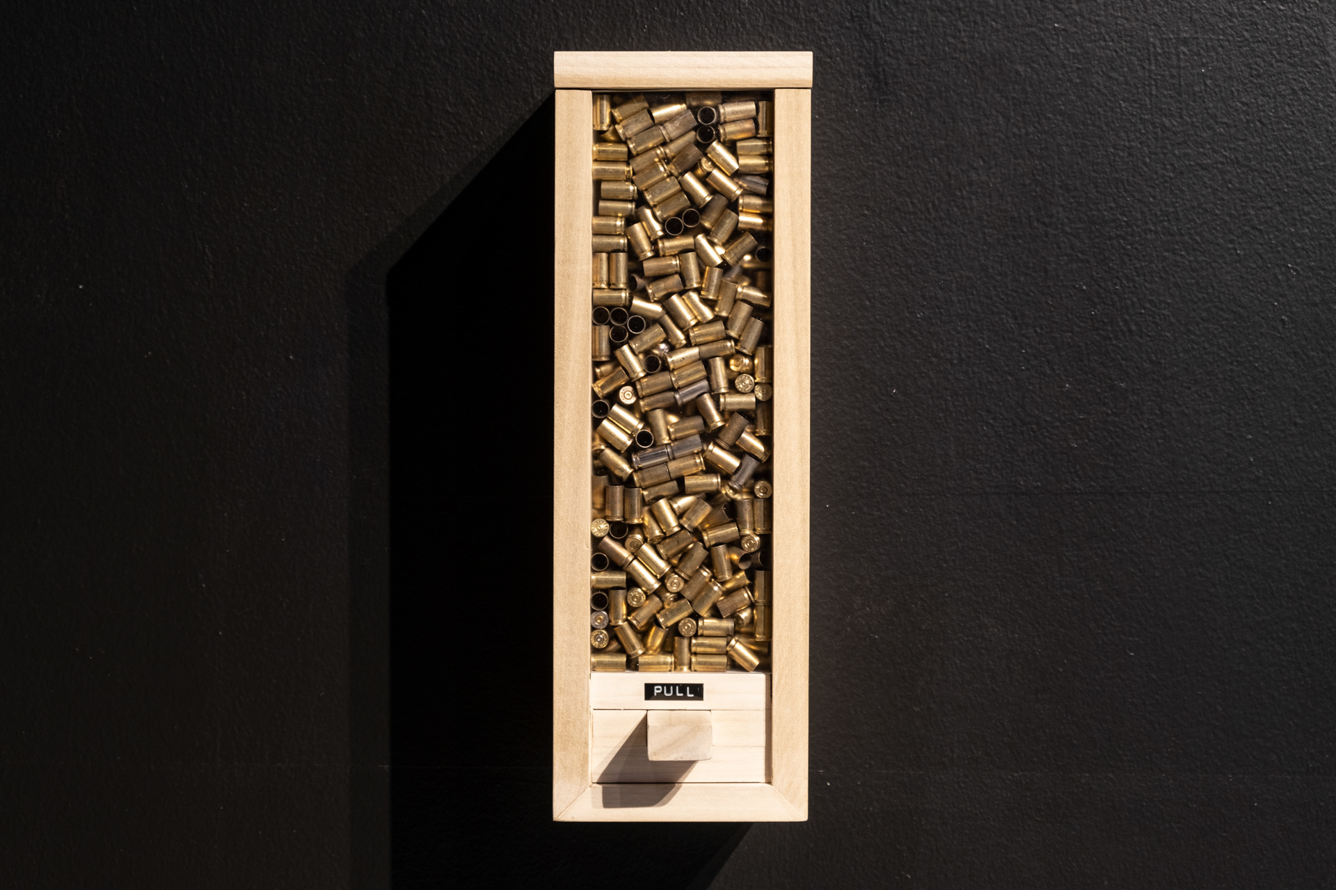 Dispenser, wood, copper pipe, 9mm brass shells, 14" x 5.25" x 5.5"", 2023