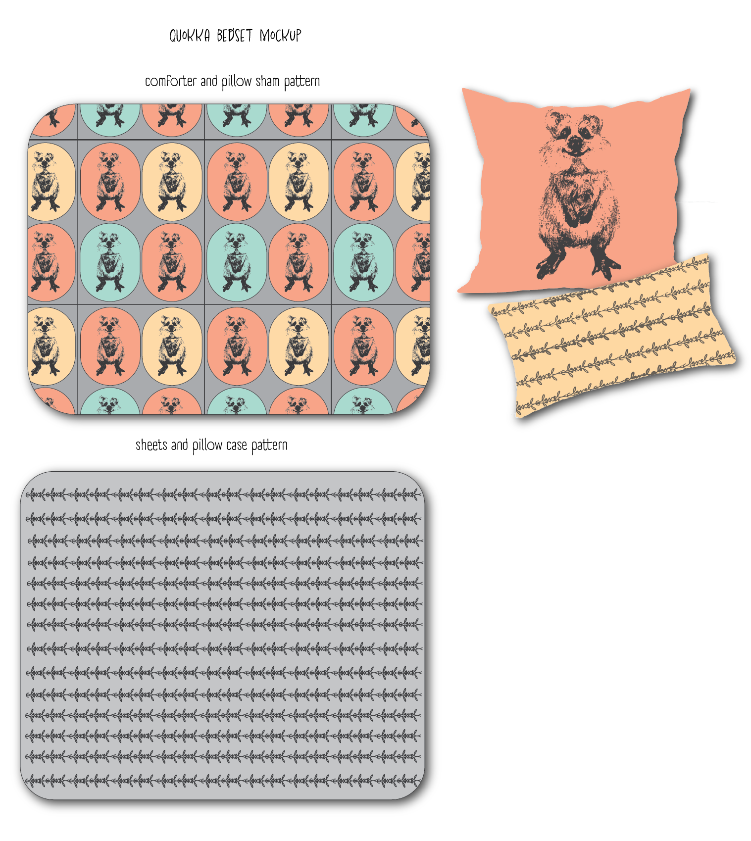 Quokka Dance Comforter Pattern and Clavel Bedsheet pattern