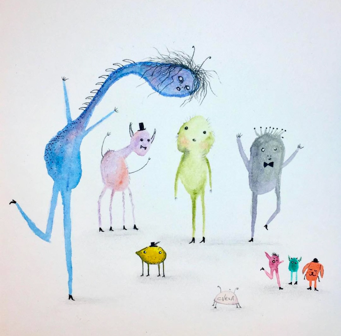 "Monster Party" Must wear tiny boots. Lemons are welcome. Watercolor on paper illustration