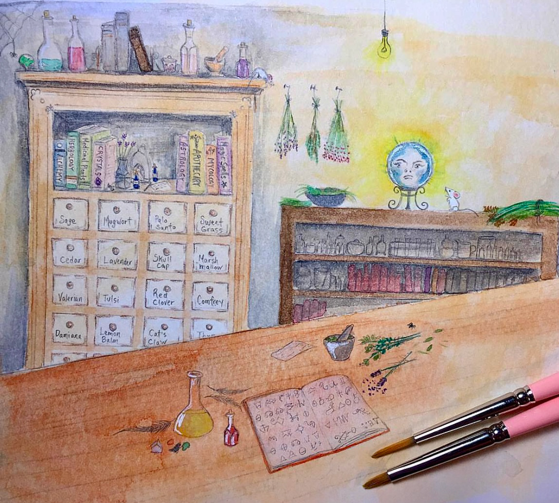 "Apothecary" Graphite and watercolor on paper illustration
