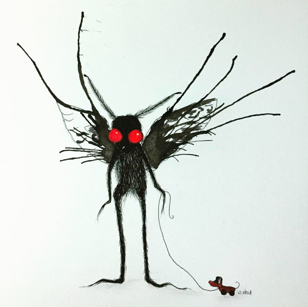 "Mothboy Just Wants to Play" Ink and watercolor on paper illustration